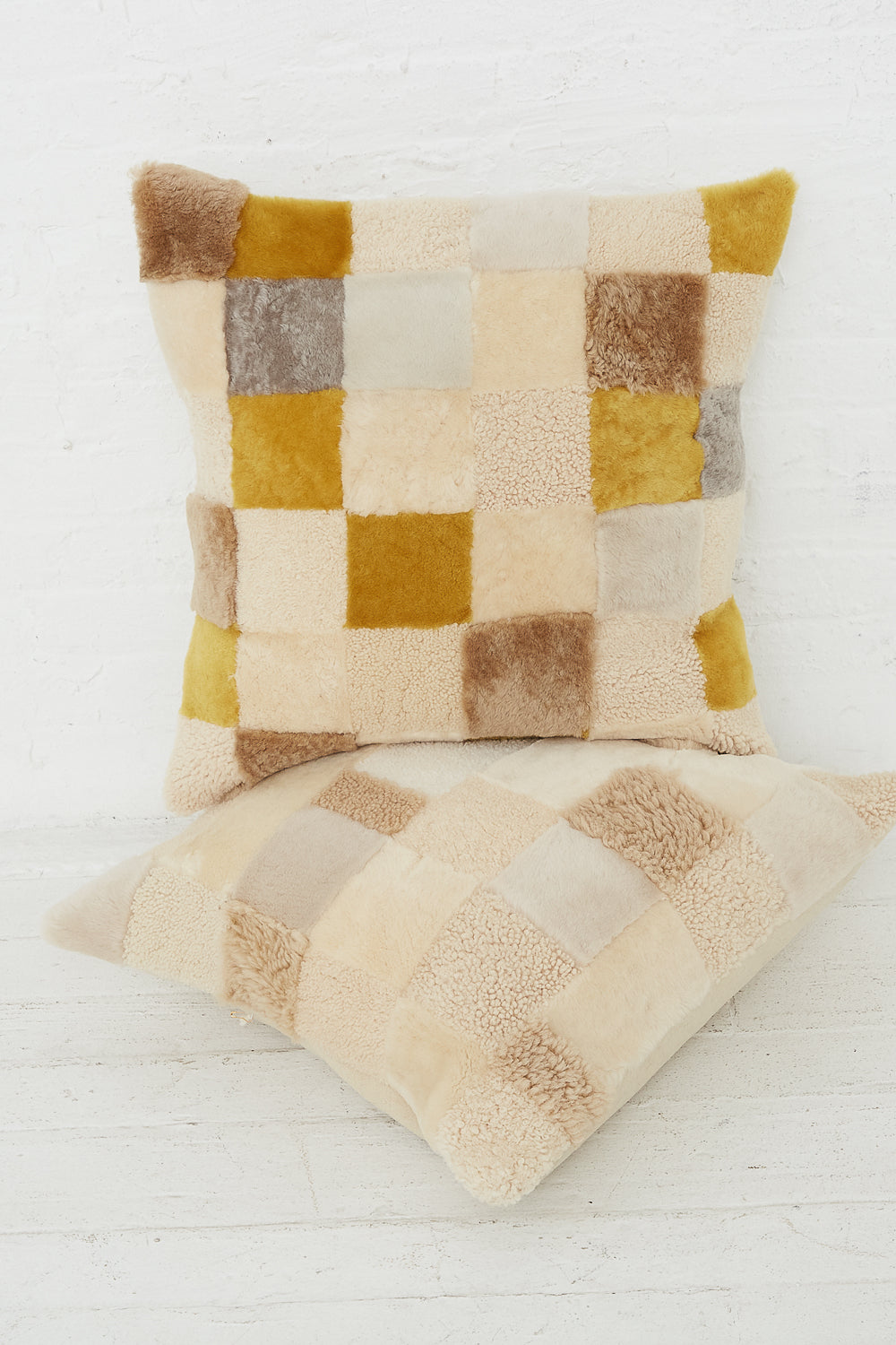 Milena Silvano - Sheepskin Large Patchwork Pillow Squares OOAK two pillow view
