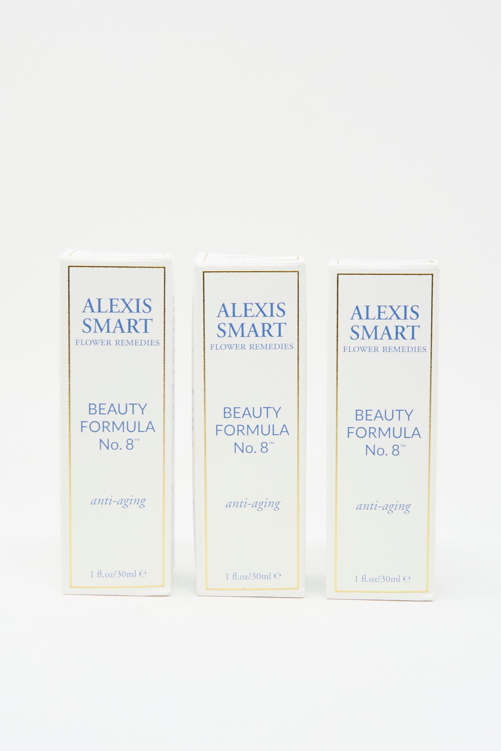 Three boxes of Alexis Smart Flower Remedies - Beauty Formula No. 8 are upright against a plain white background.