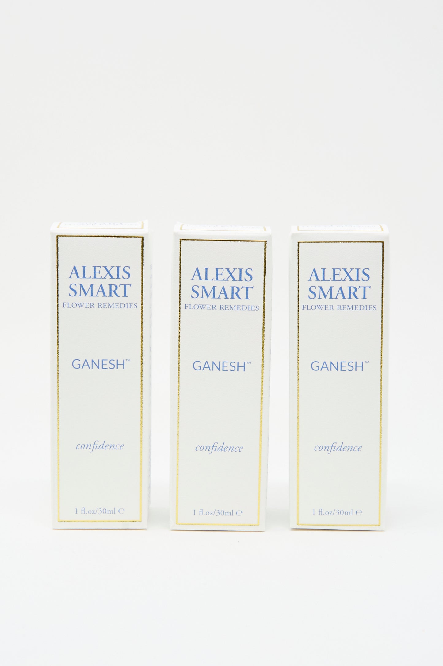 Three boxes of Alexis Smart Flower Remedies - Ganesh, each 1 fl. oz. (30 ml), for confidence support, are arranged upright against a plain white background.
