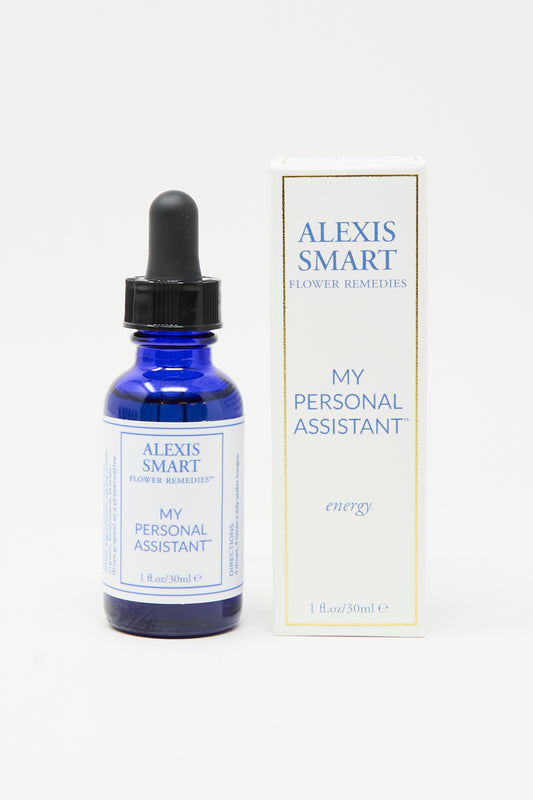 A blue dropper bottle of Alexis Smart Flower Remedies - My Personal Assistant sits beside its matching box. This 1 fl oz/30 ml formula features organic flower essences to support clarity and focus.