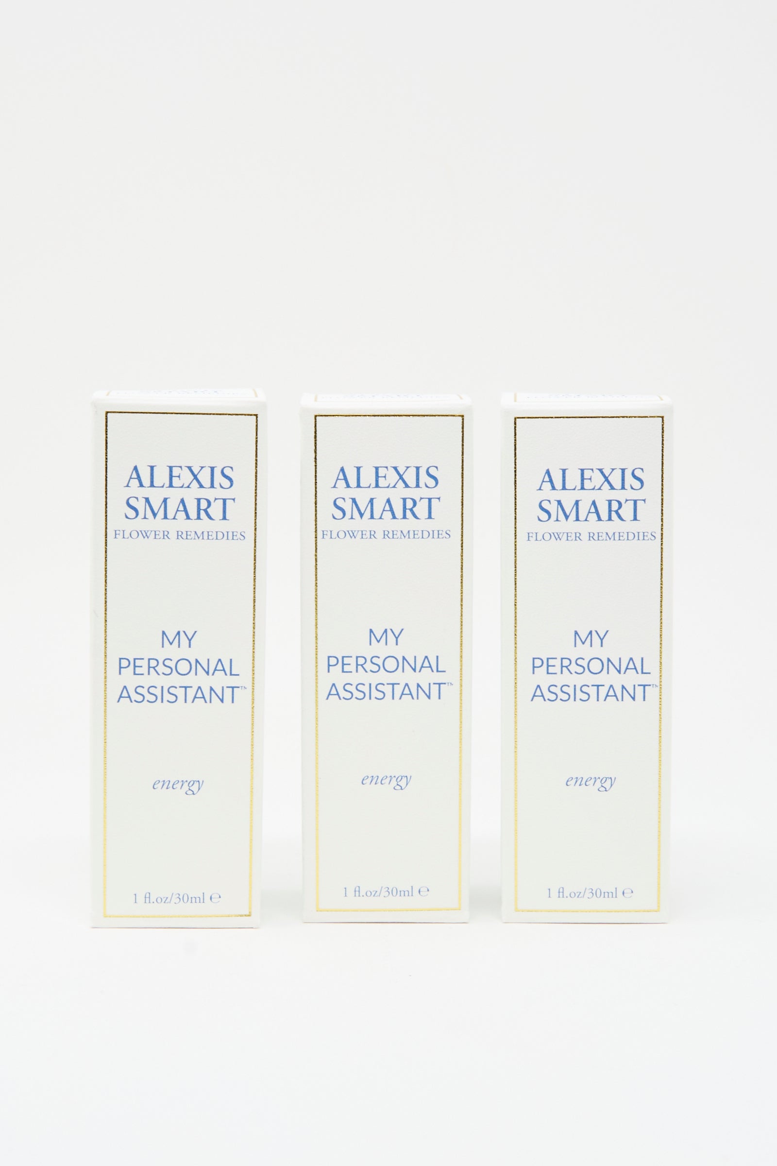 Three boxes of Alexis Smart Flower Remedies - My Personal Assistant, each containing 1 fl oz (30 ml) of organic essences for calm productivity, are shown upright against a plain white background.