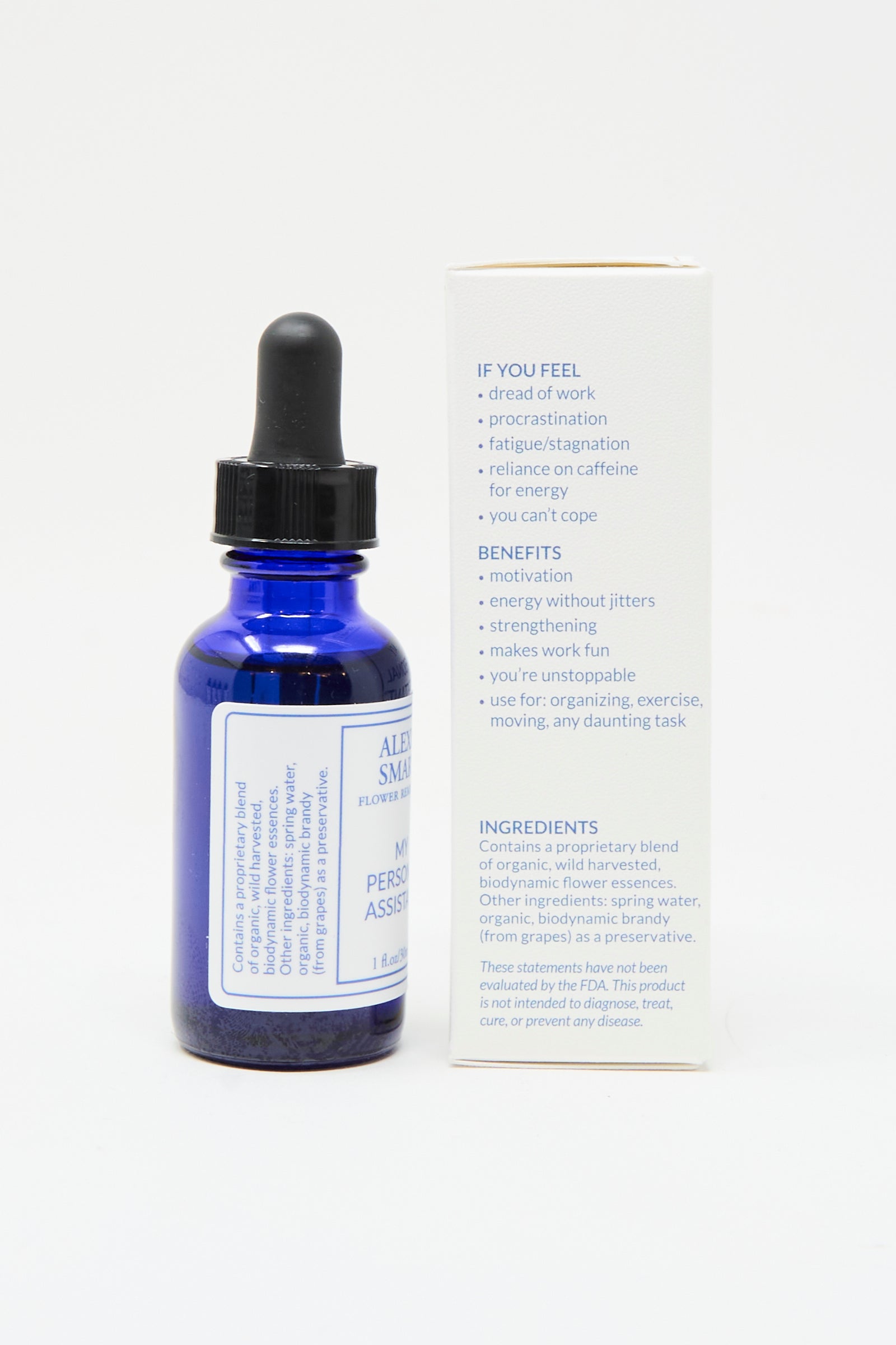 A blue glass dropper bottle of Alexis Smart Flower Remedies - My Personal Assistant stands next to its box, which emphasizes calm productivity, clarity, and focus, plus organic flower essences and suggested uses.