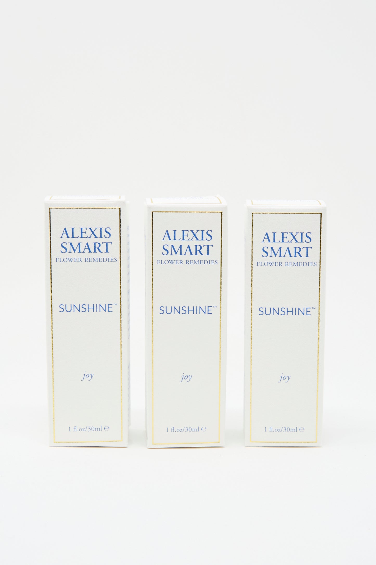 Three boxes of Alexis Smart Flower Remedies - Sunshine, each with 1 fl oz (30 ml) of organic flower essences, are arranged side by side against a white background.