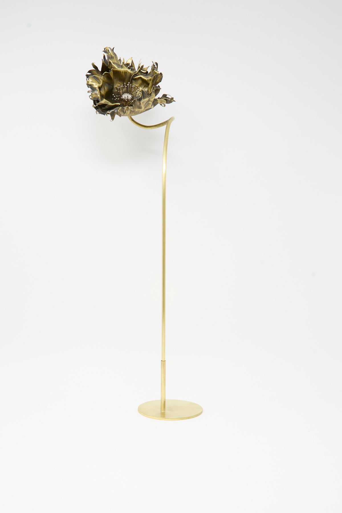 A Brass Base - Large floor lamp with a slender brass stand and a single large, dark brass flower-shaped shade reminiscent of Alison Layton Papaver sculptures.