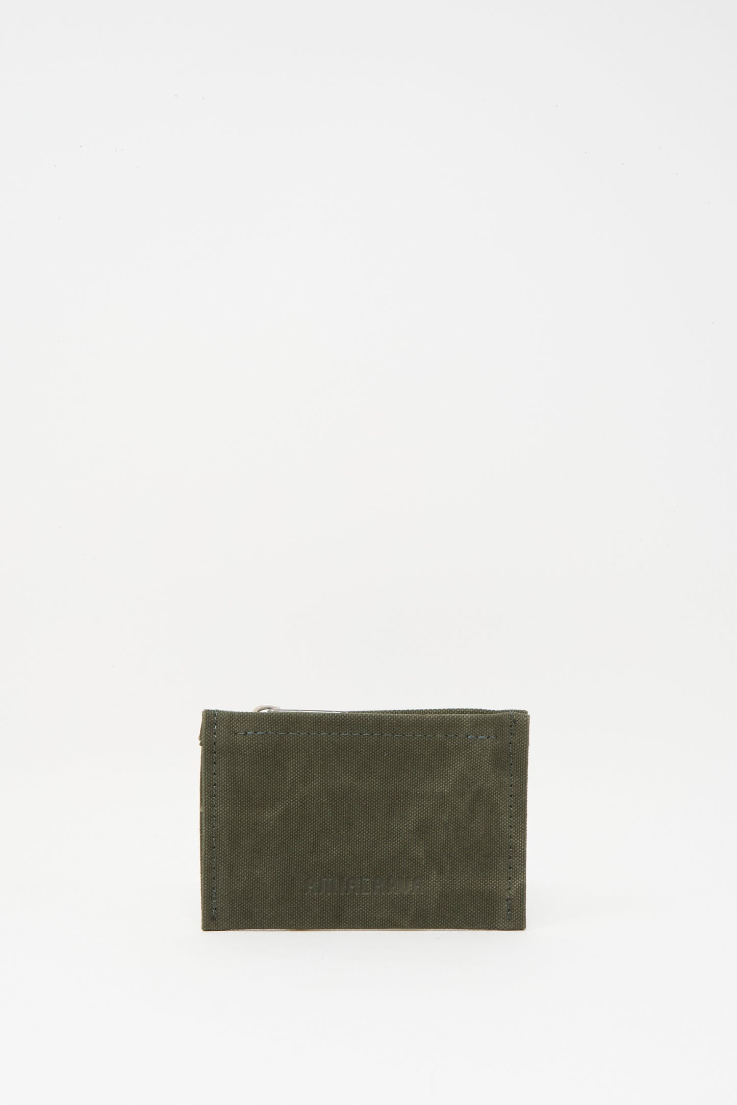 The Amiacalva Washed Canvas Small Pouch in Olive is a compact, rectangular pouch with a washed canvas finish and zipper top, shown standing upright against a plain white background.