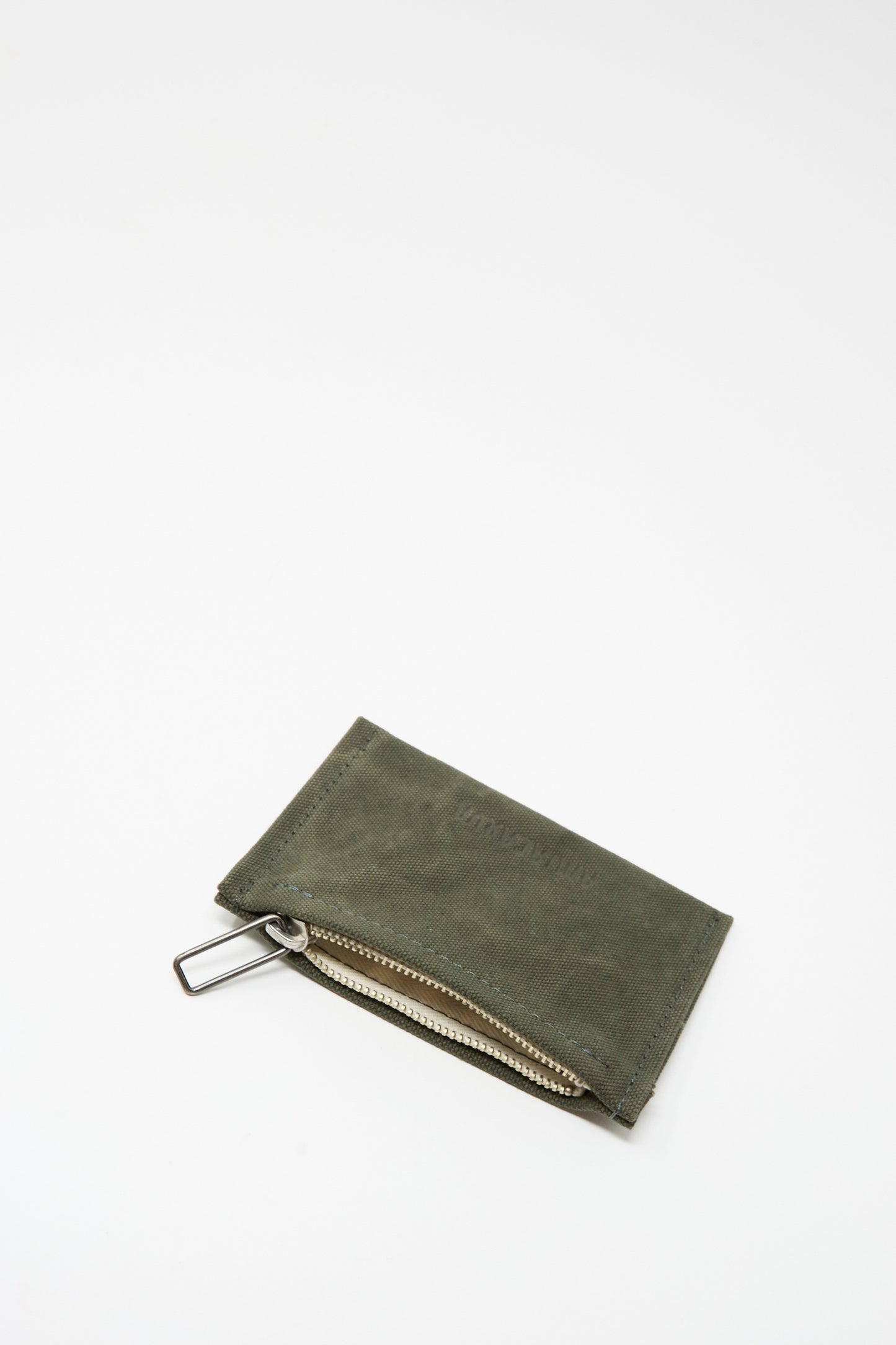 The Amiacalva Washed Canvas Small Pouch in Olive features a zipper top and metal key ring, shown against a plain white background.