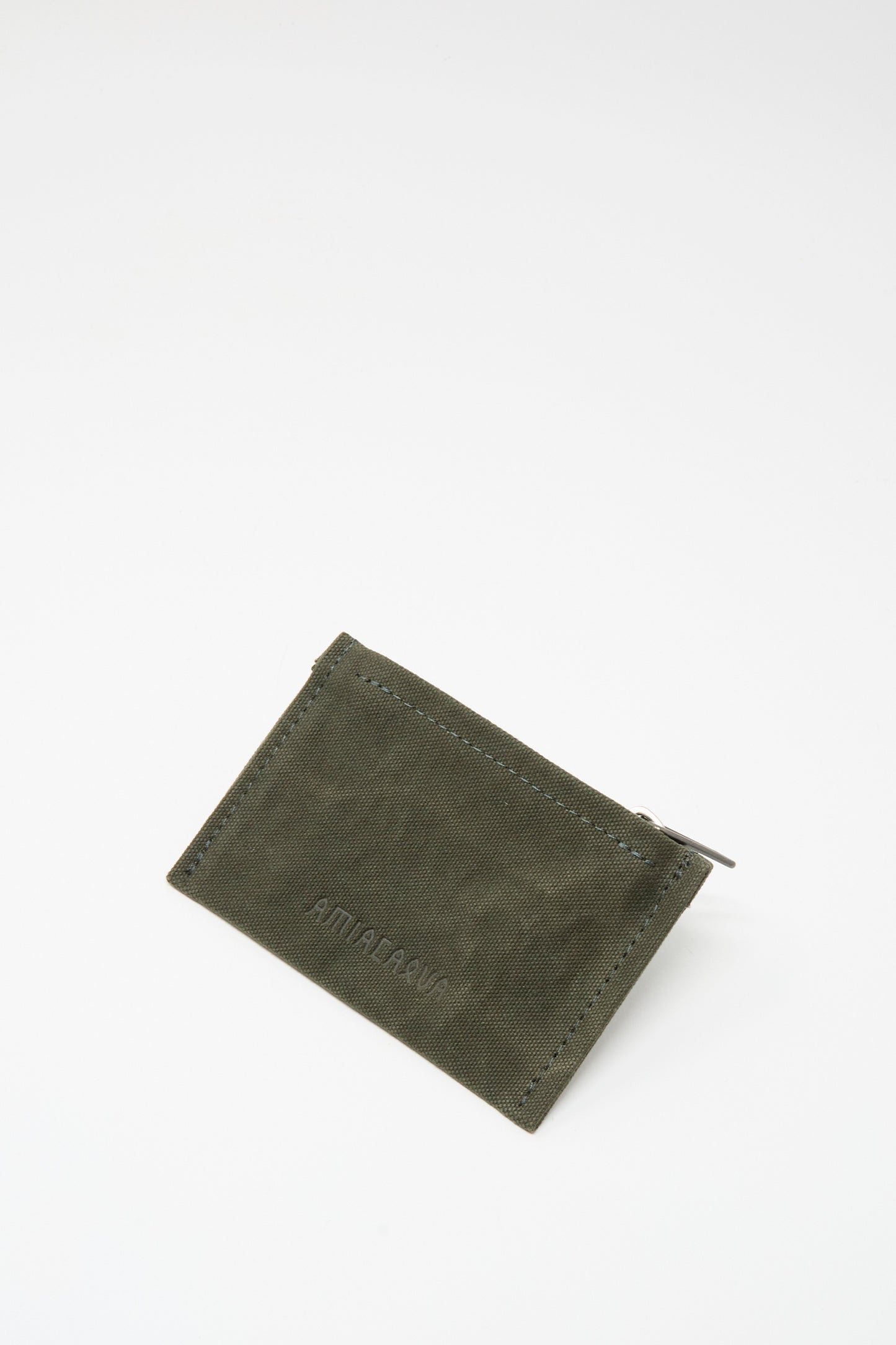 The Amiacalva Washed Canvas Small Pouch in Olive features a zipper top, visible stitching, and embossed text, shown against a plain white background.