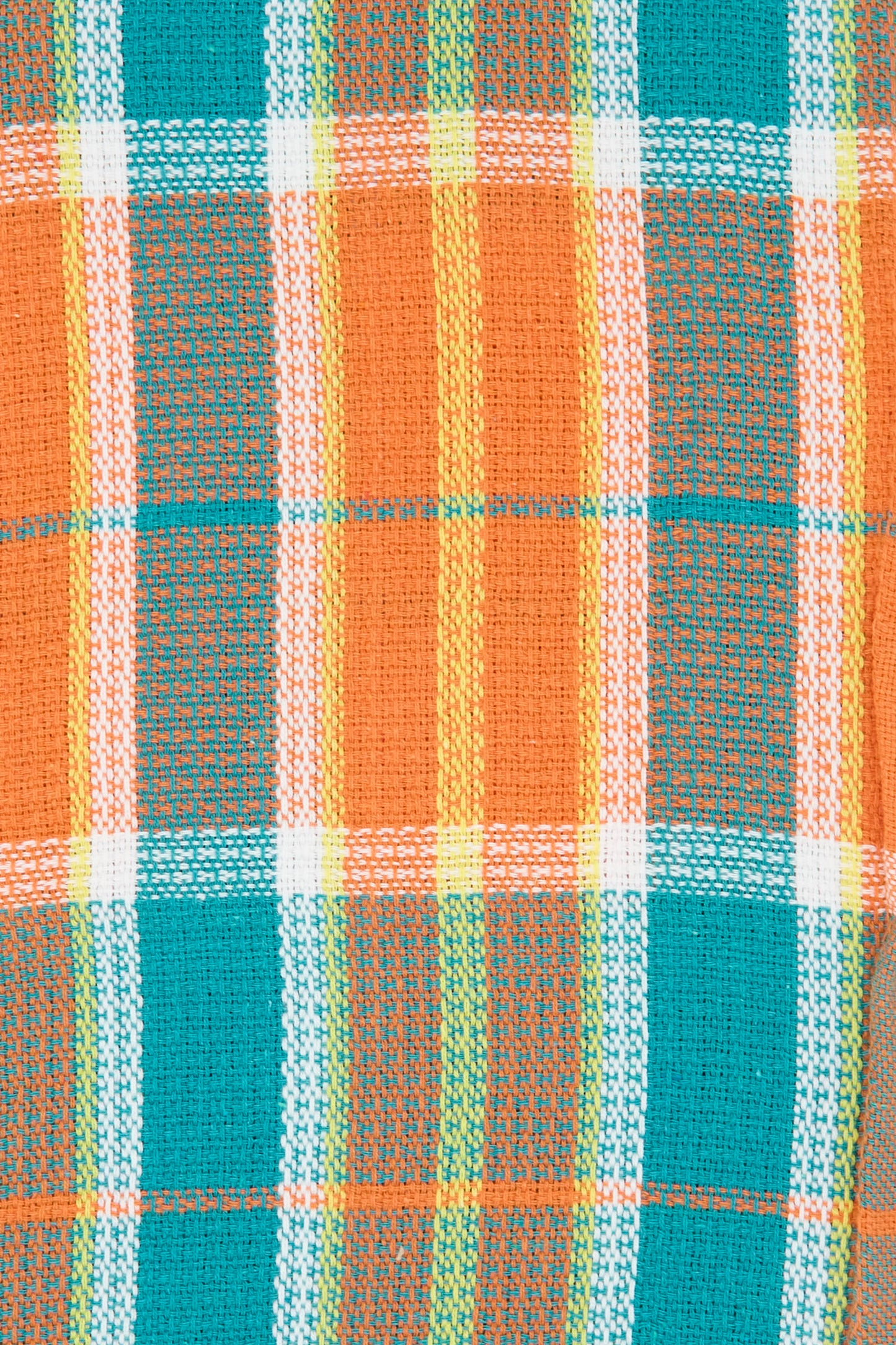 The Auntie Oti Dobby Plaid Towel in Orange and Green features a handwoven plaid pattern with orange, green, teal, yellow, and white checks.