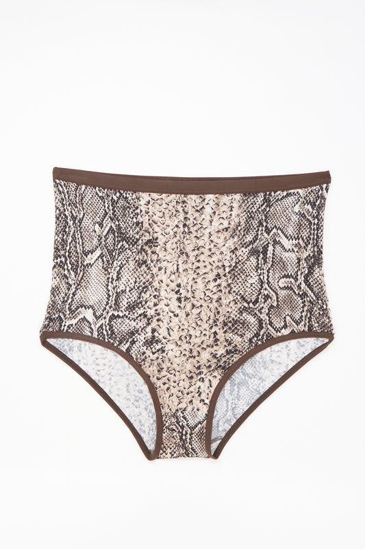 The Baserange Highwaist Bell Pants in Snake are high-rise underwear with a brown and beige snakeskin print and dark brown edging, made in Portugal and shown on a white background.