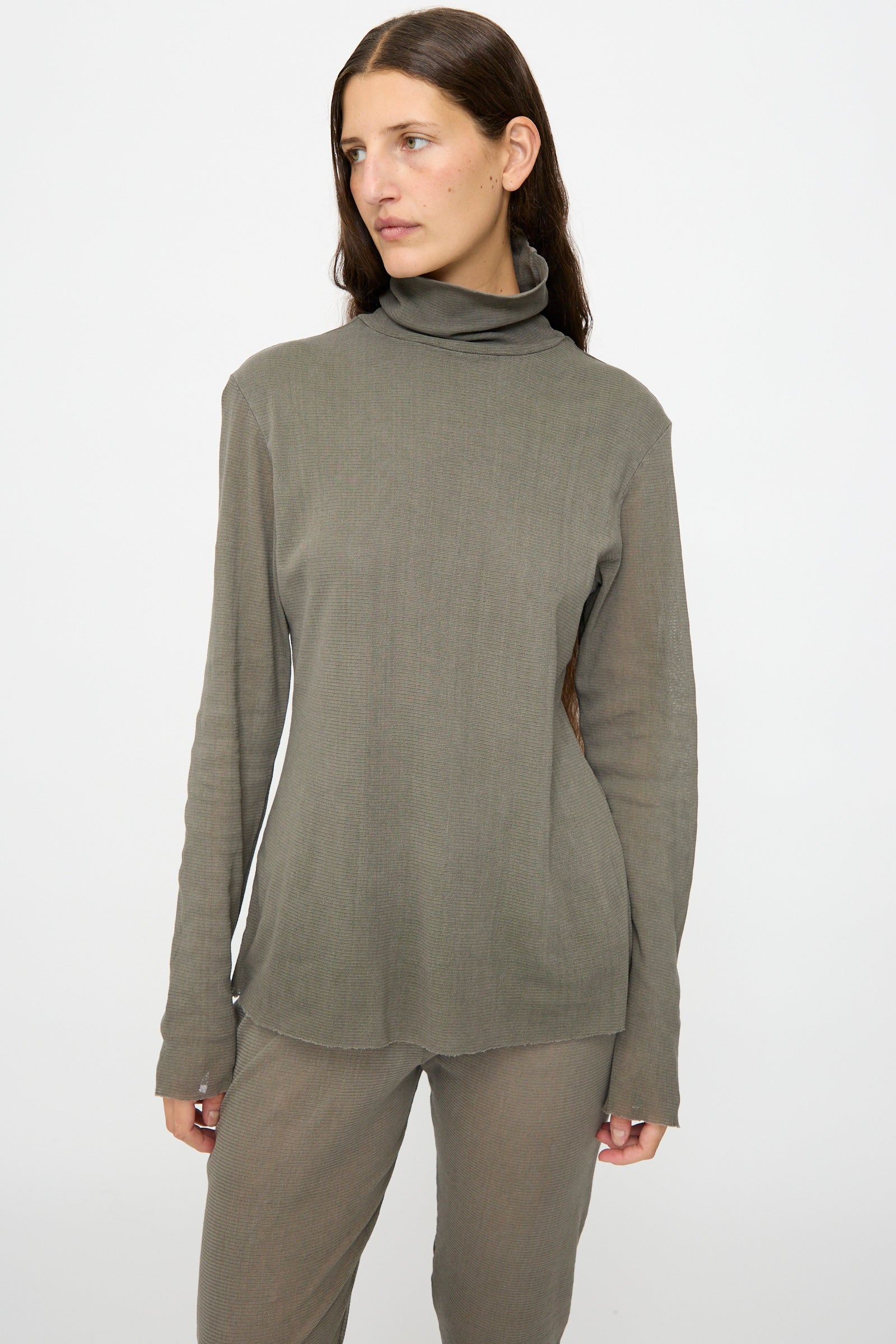 A person stands against a plain background wearing the Black Crane Double Mesh Turtleneck in Dark Stone.
