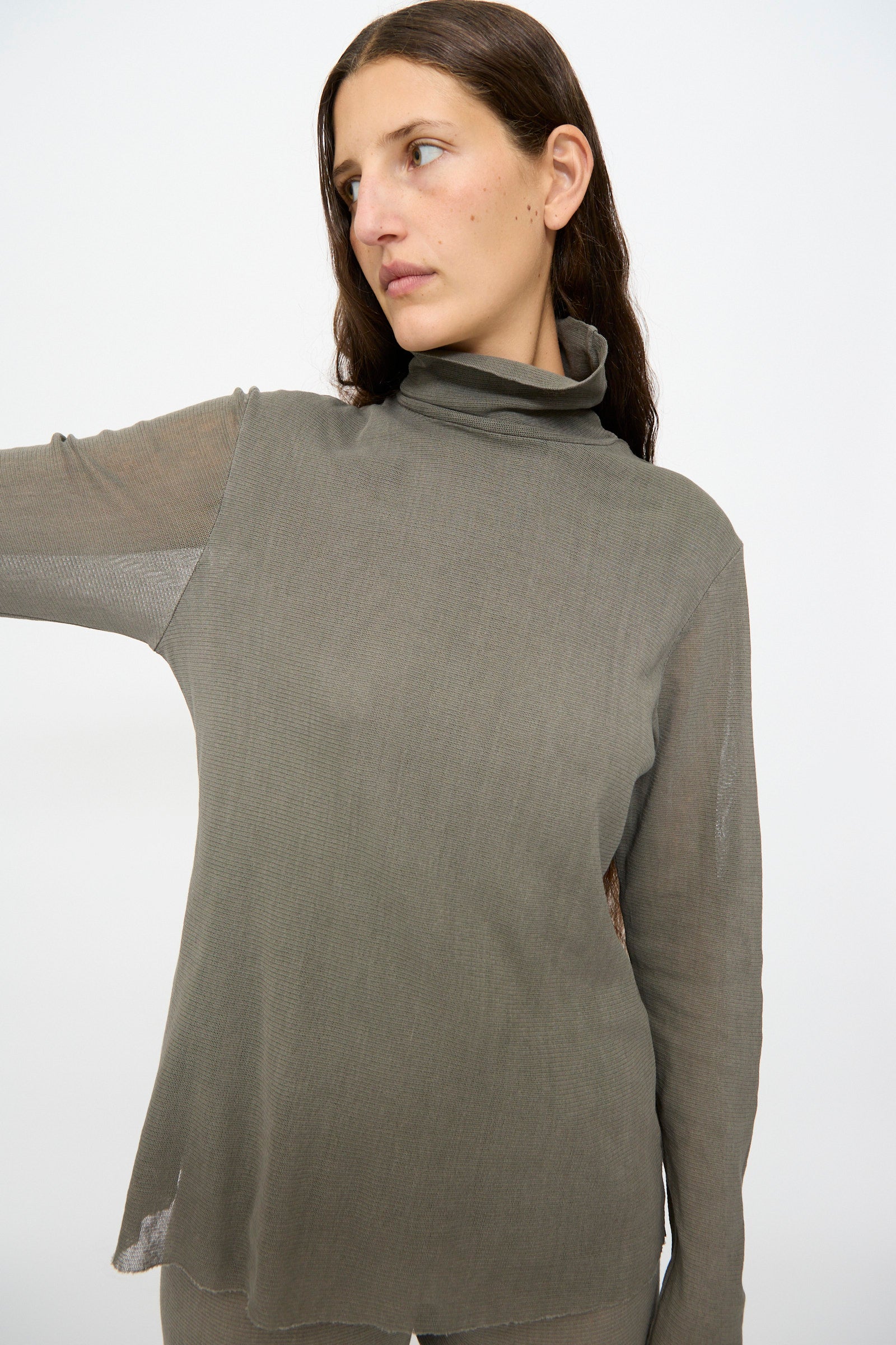 A person with long brown hair raises their left arm against a plain white background while wearing the Black Crane Double Mesh Turtleneck in Dark Stone.