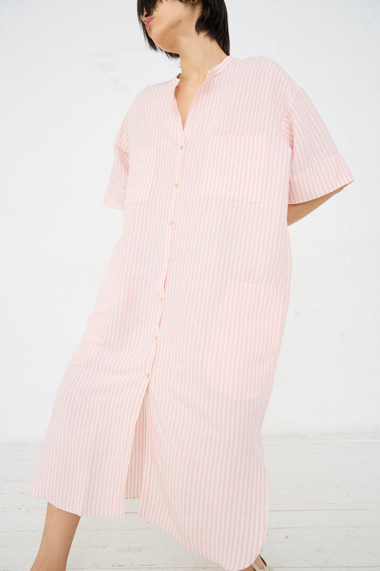 A person wearing a Caron Callahan Linen Stripe Kalloni Dress in Pink, standing against a white background.