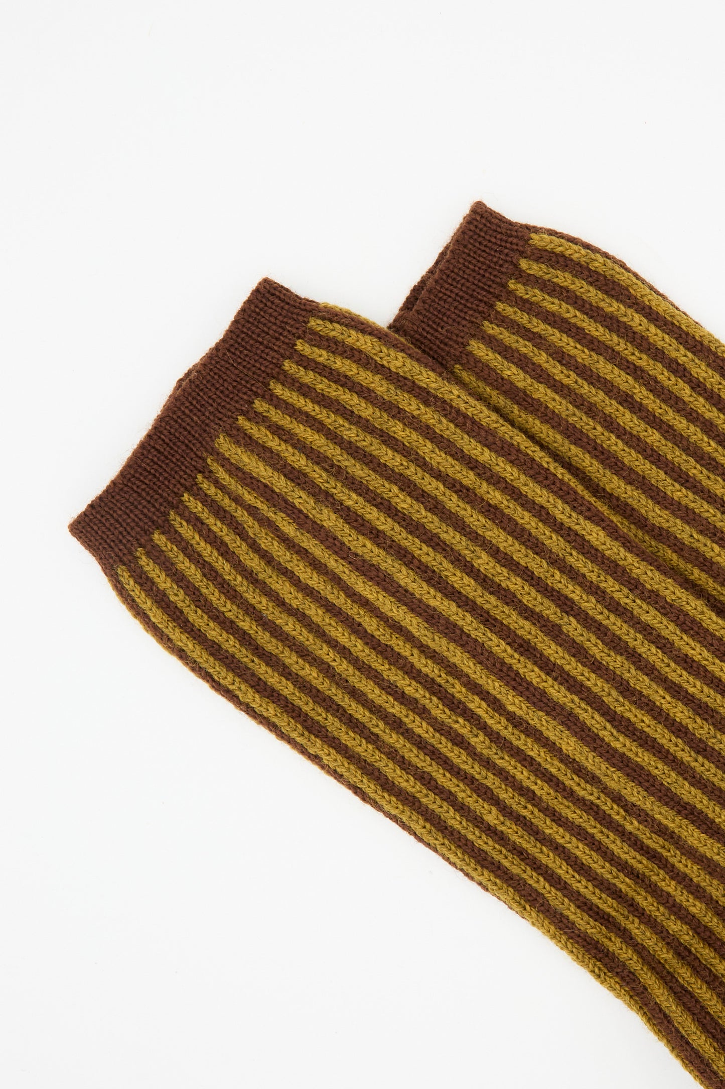 Close-up of the Cawley British Merino Wool Sock in Bordeaux and Goldfinch Stripe, featuring mid-calf length with bold vertical stripes, displayed on a white background.
