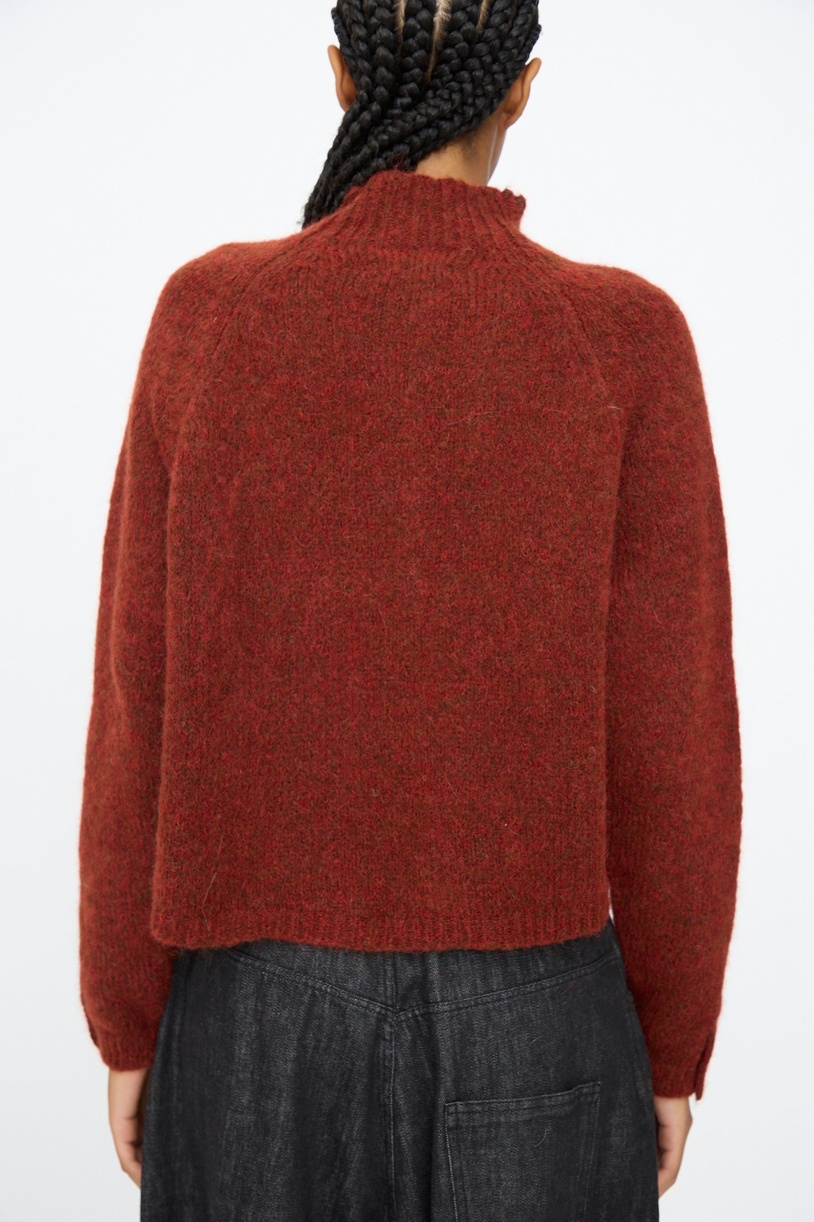 A person with braided hair, shown from the back against a plain background, wears the Cordera Baby Alpaca Polo Sweater in terracotta with dark pants.