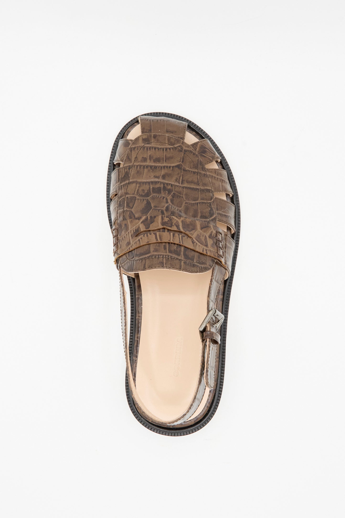 The Cordera Slingback Loafer in Crocodile features a single brown sandal with a textured faux-crocodile upper strap and open heel, combining loafer elegance with sandal comfort, shown against a white background.