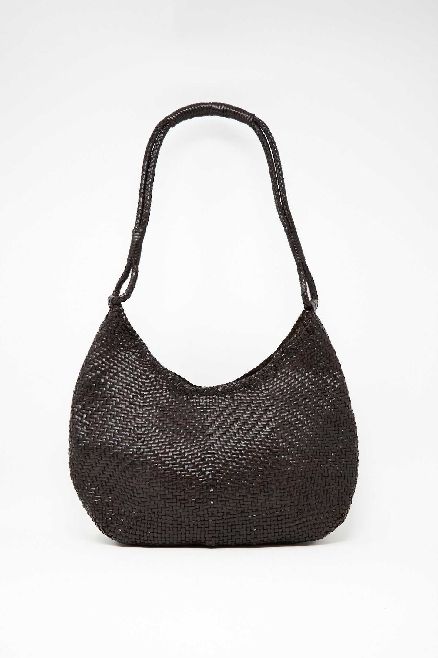 The Dragon Diffusion Minga Hobo in Dark Brown is a handwoven calf leather shoulder bag with two handles, shown upright against a plain white background.