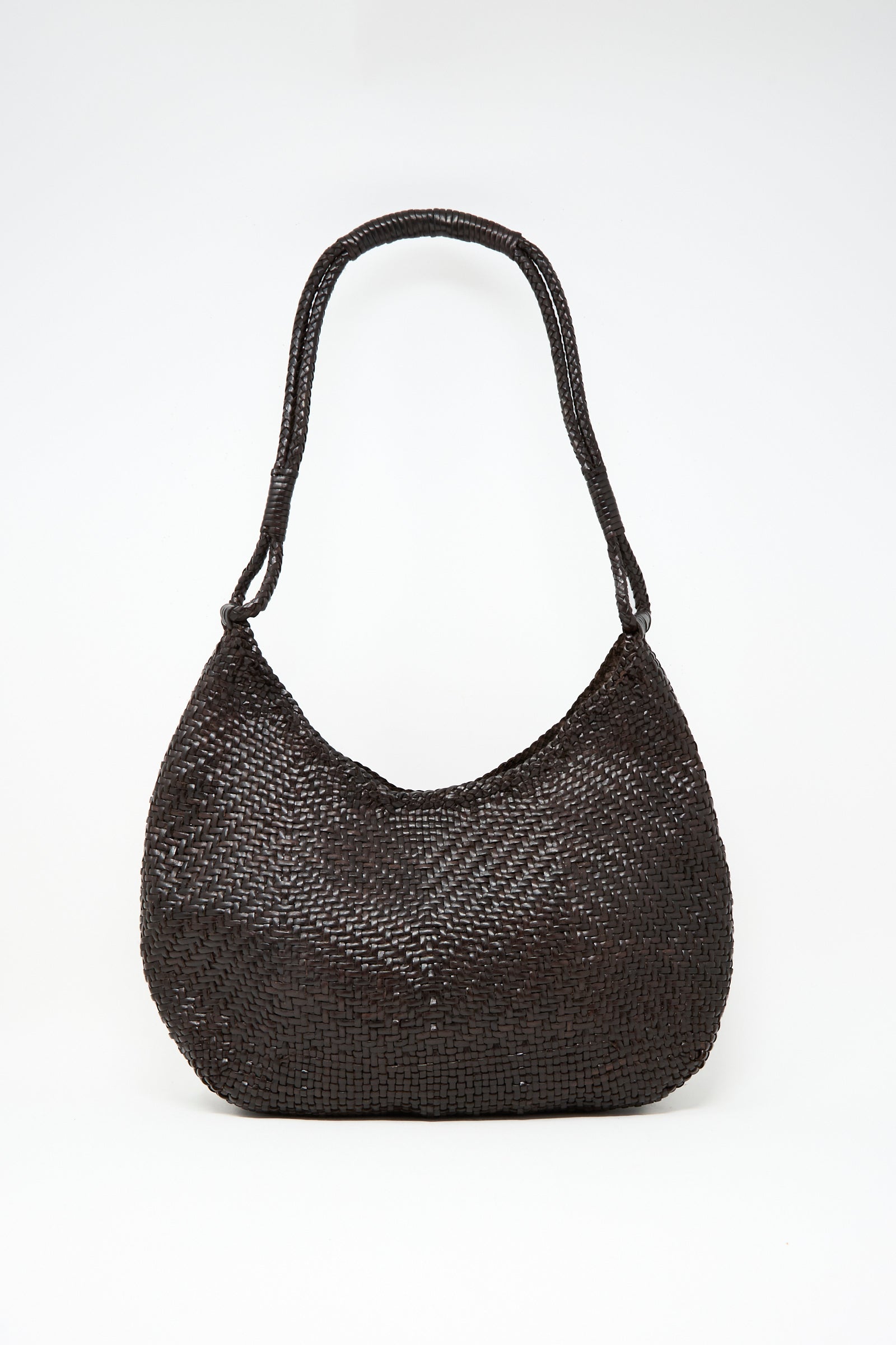The Dragon Diffusion Minga Hobo in Dark Brown is a handwoven calf leather shoulder bag with two handles, shown upright against a plain white background.