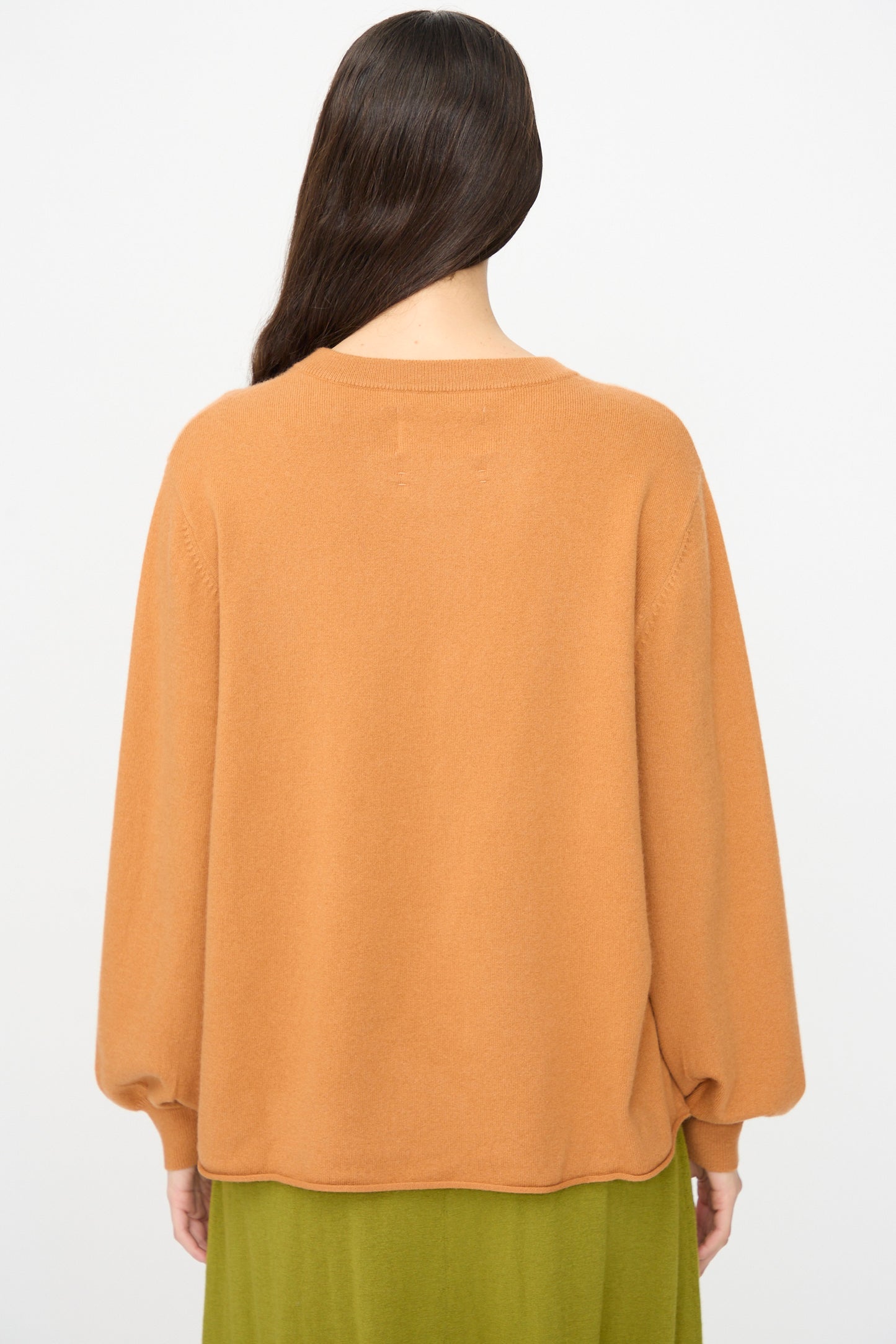 A person with long brown hair, seen from behind, wears the Extreme Cashmere No. 280 Bi Sweater in Fox and a green skirt against a plain white background.