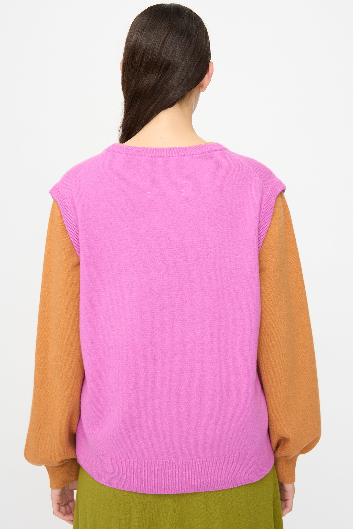 A person with long dark hair wears the Extreme Cashmere No. 423 Lord Top in Oleander, a loose fit cashmere sweater vest with camel-colored sleeves, paired with a green skirt, shown from the back against a plain white background.