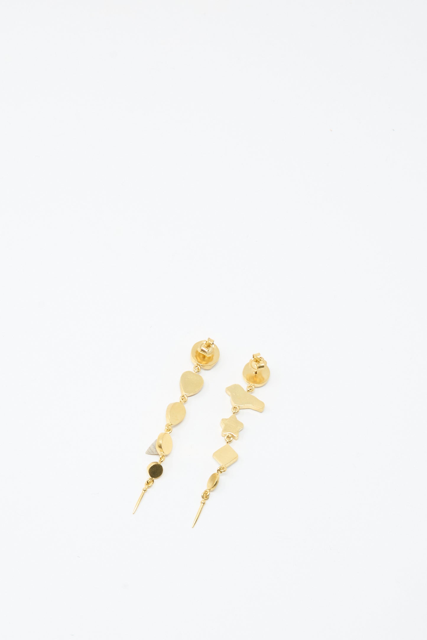 Grainne Morton's Five Charm with Victorian Drop Earrings, featuring mismatched gold-plated abstract geometric shapes, displayed on a plain white background.