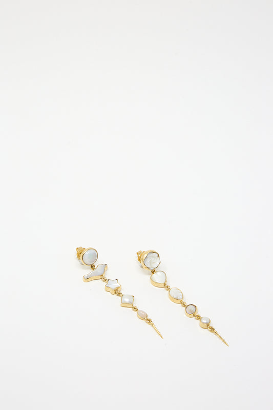 A pair of Five Charm with Victorian Drop Earrings by Grainne Morton with mother of pearl stones.