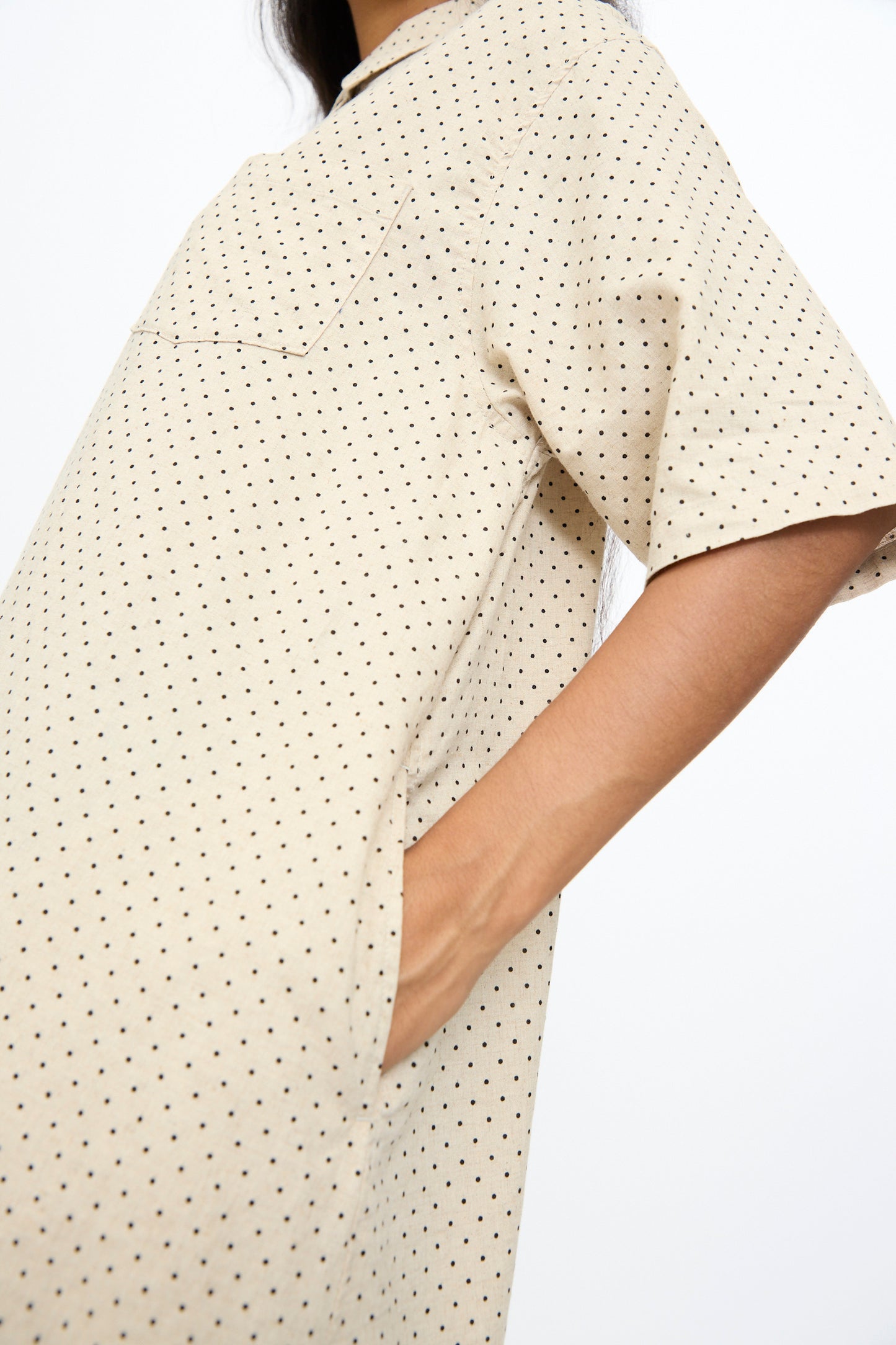 Model wearing the Ichi Antiquités Cotton Linen Dot Dress in Natural, featuring a polka dot pattern and a side pocket.