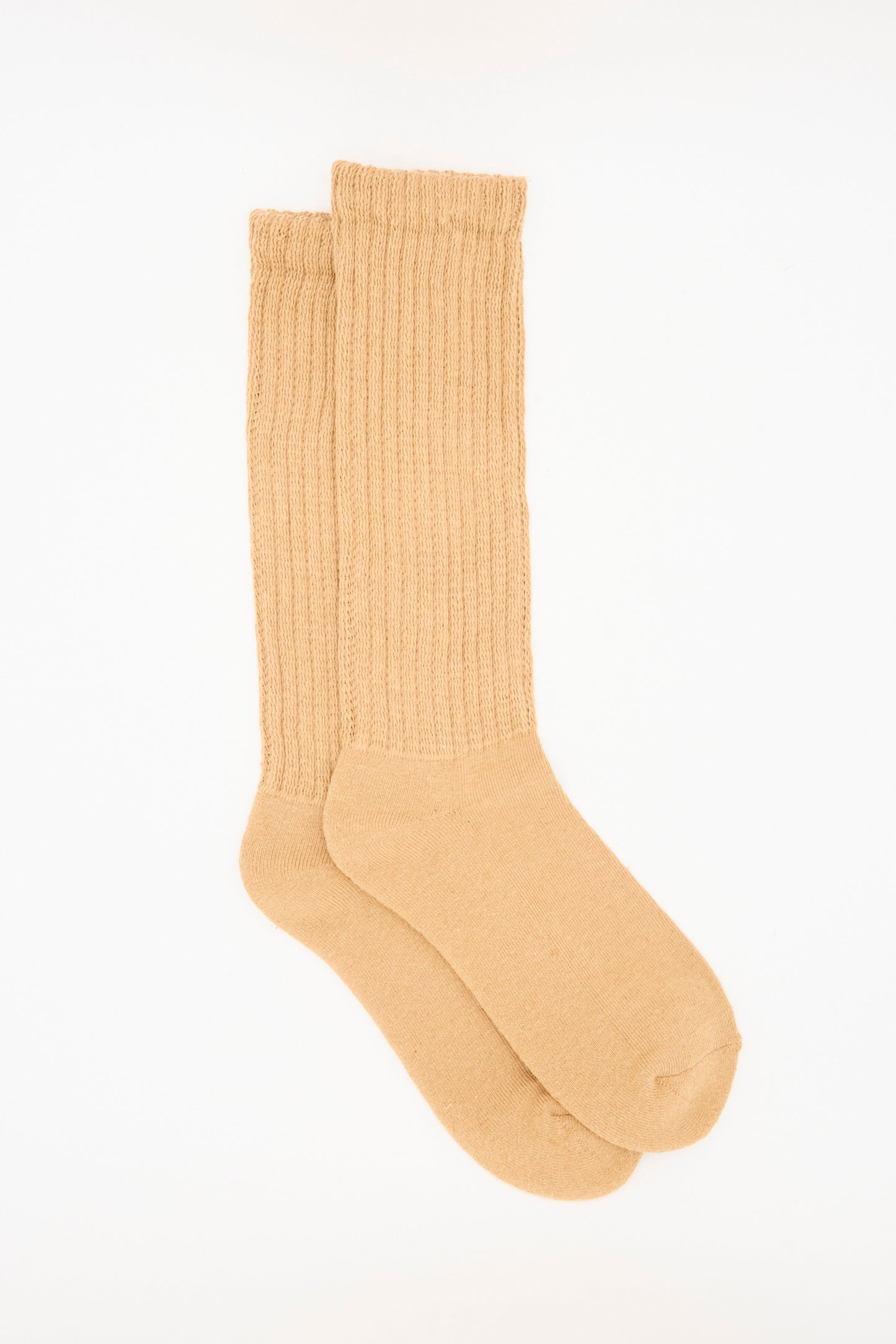 The Cotton Rib Sock in Camel by Ichi Antiquités, made in Japan, features beige ribbed cotton and is shown laid flat on a white background.