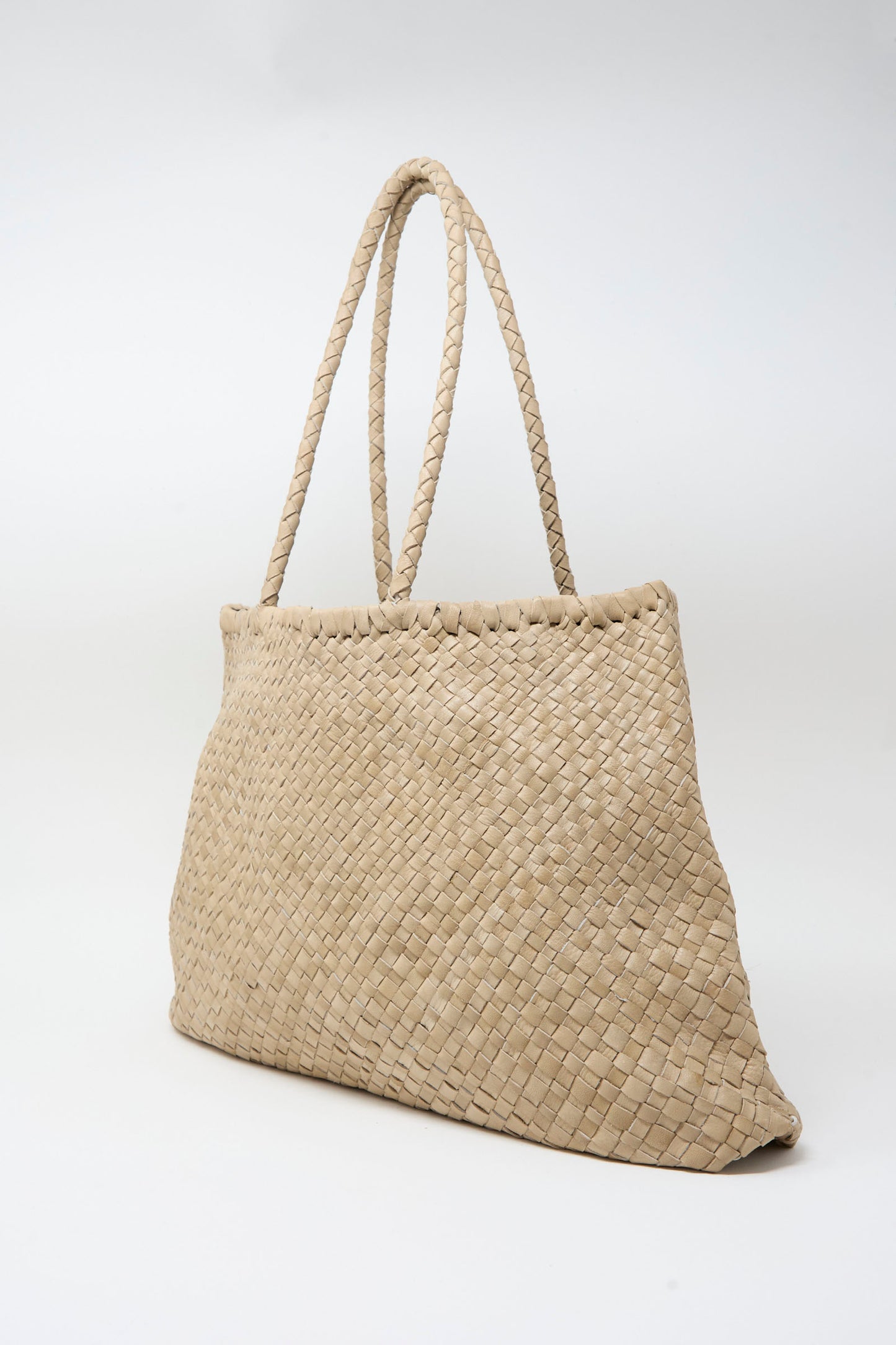 Leather Tote Bag in Greige by Ichi Antiquités featuring two braided handles, shown against a plain white background.