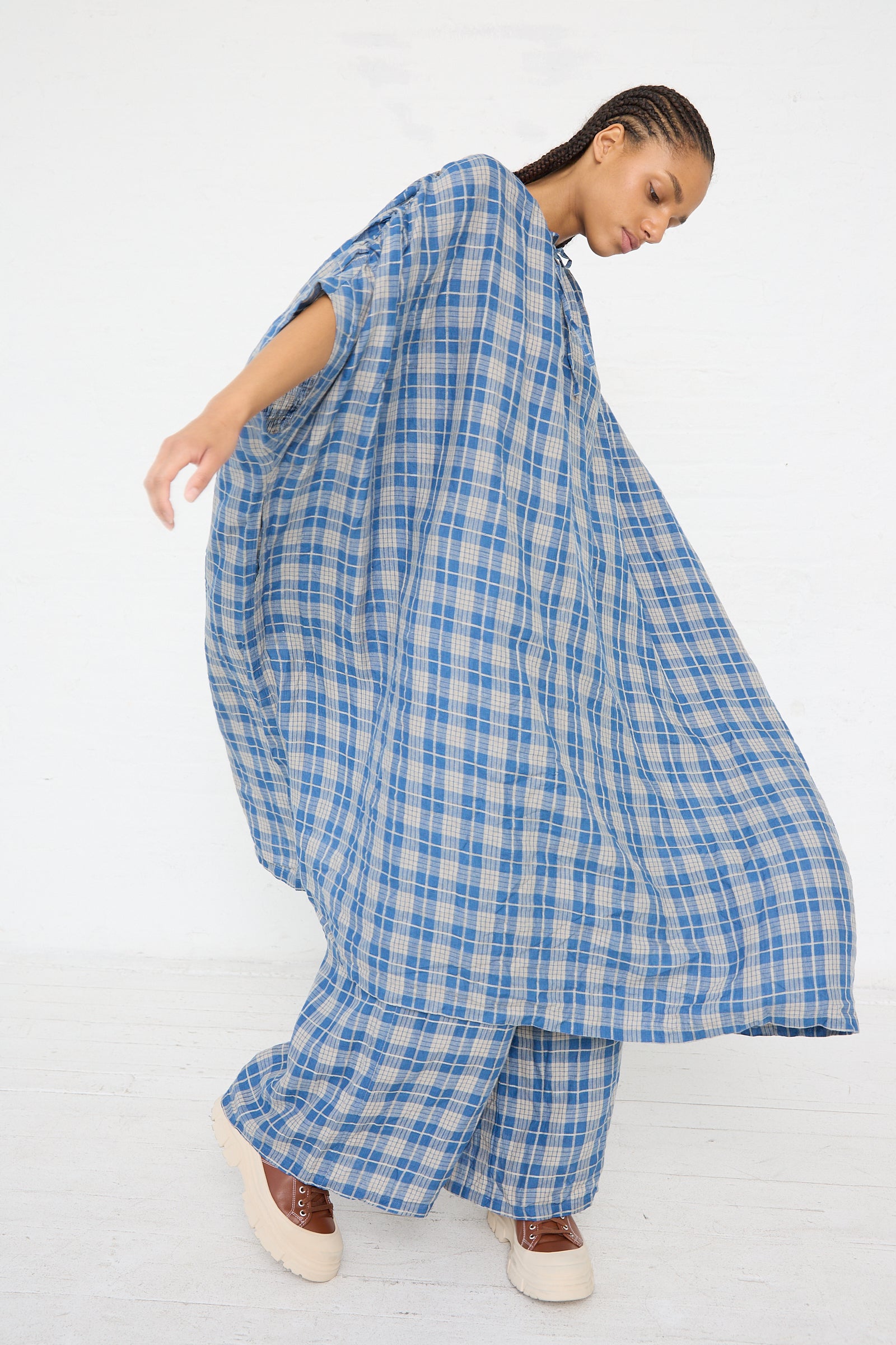 Linen Check Dress in Dark Indigo and Natural Linen – Oroboro Store