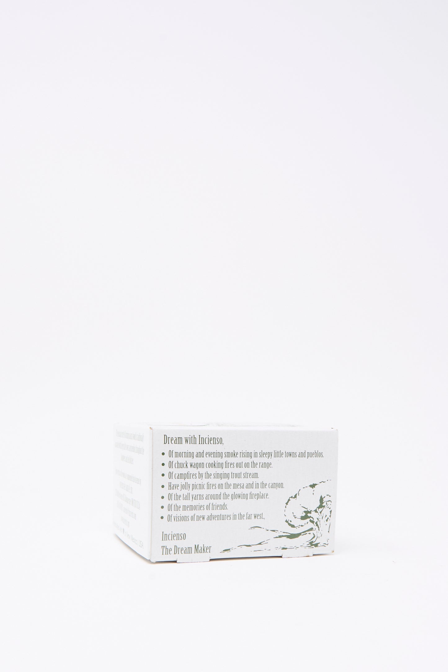 A white Piñon Incense Box from Incense of the West, featuring simple printed text and sketch on a plain background—ideal for gifting with piñon pine incense or handcrafted New Mexican clay incense burners.