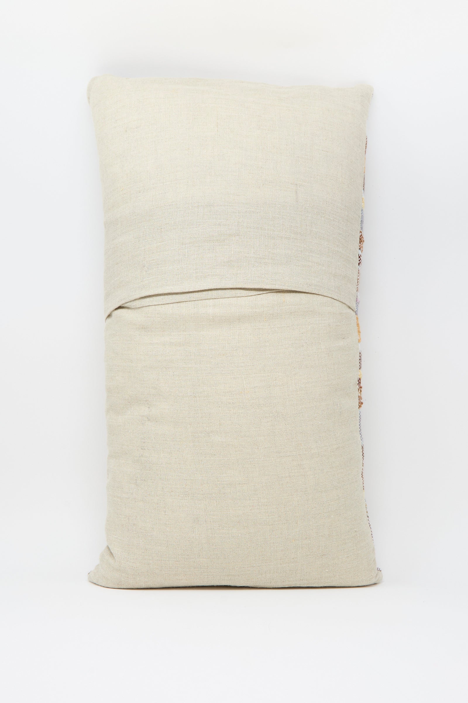 The Jess Feury Woven Pillow in Blue, Rust and Yellow Stripe features a handmade design from sustainable fibers, shown against a white background.