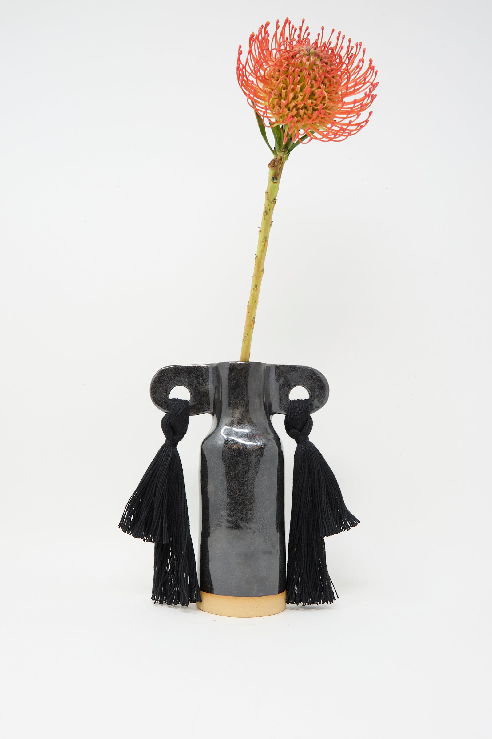 Karen Tinney's Vase #606 in Black, a petite stoneware piece with side handles and black tassels, displays a single orange protea flower against a white background.
