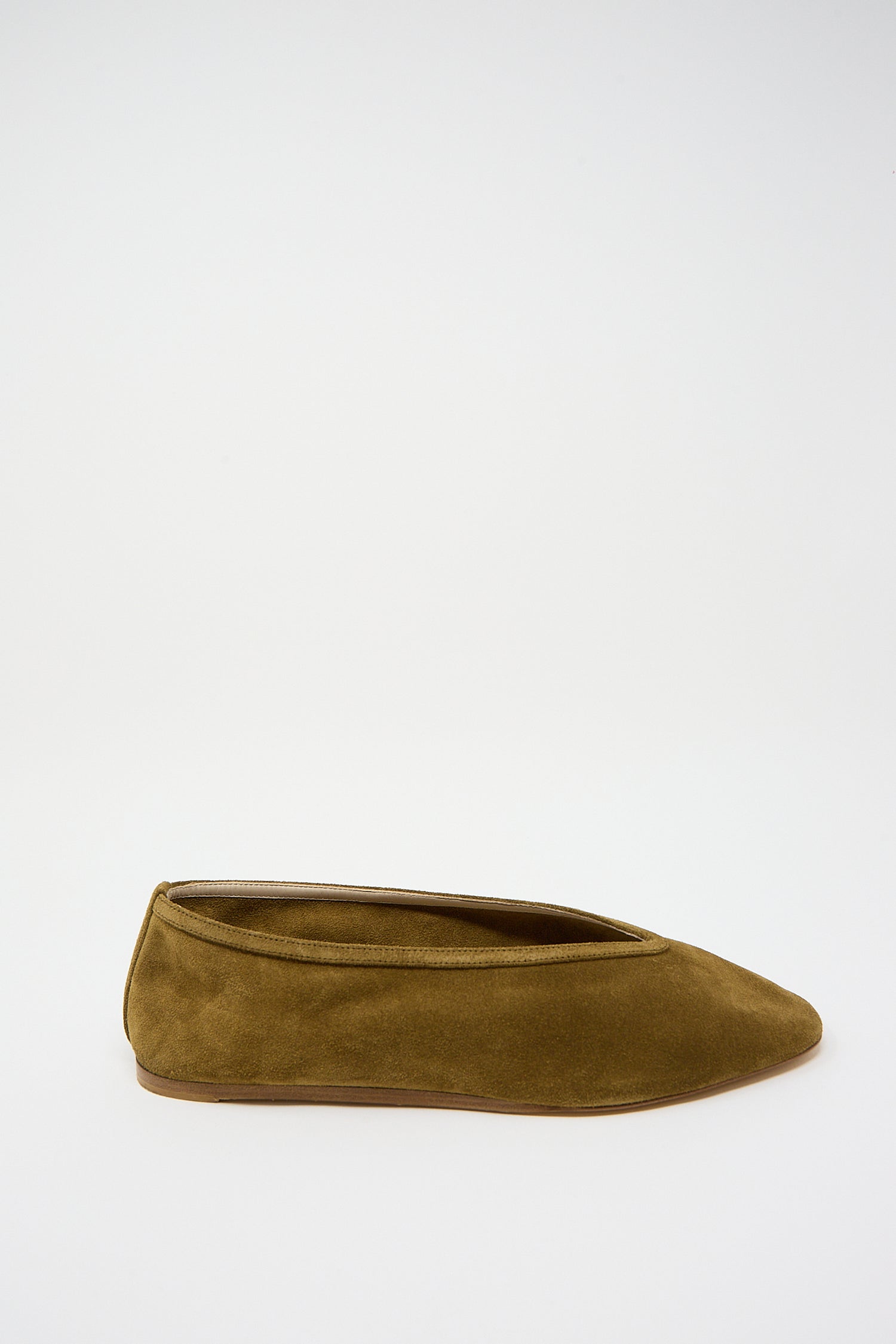 Suede Luna Slipper in Taupe by Le Monde Beryl on a white background. Side profile view.