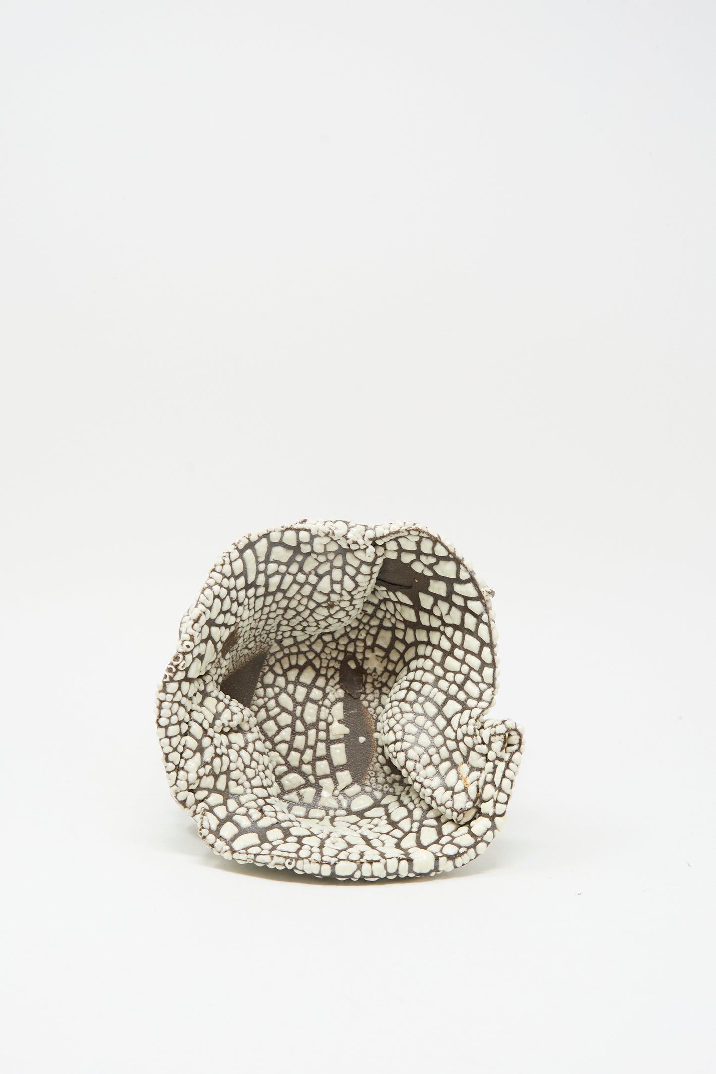 The Folded Wavy Bowl in Crawl IV by MONDAYS is a small, hand-built brown bowl with an irregular shape and cracked white, mosaic-like glaze, shown upright on a white background. Made in Brooklyn.