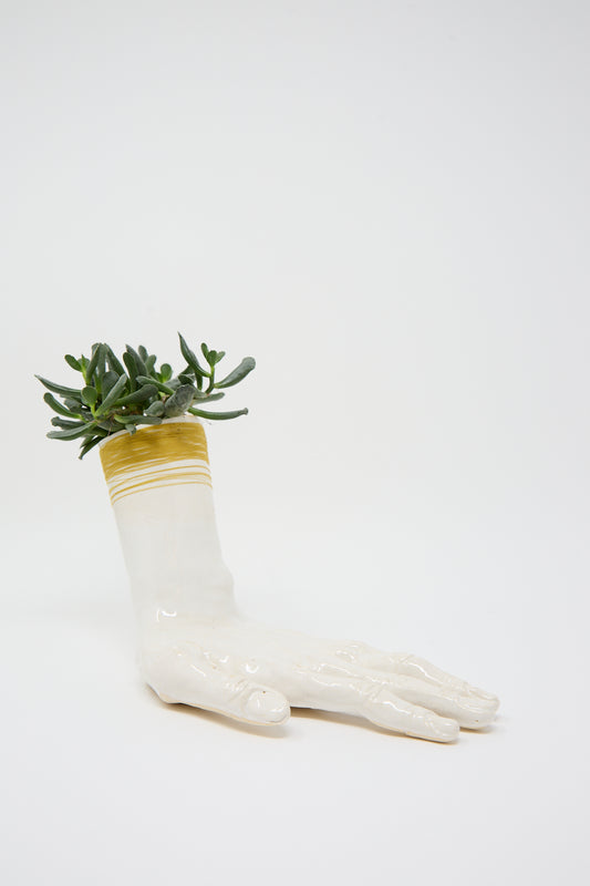 A Monty J Ceramic Hand Sculpture with Yellow Thread shaped like a hand, with succulents growing from the top, and delicate yellow thread detail wrapped around the wrist, set against a plain white background. Handmade in Brooklyn.