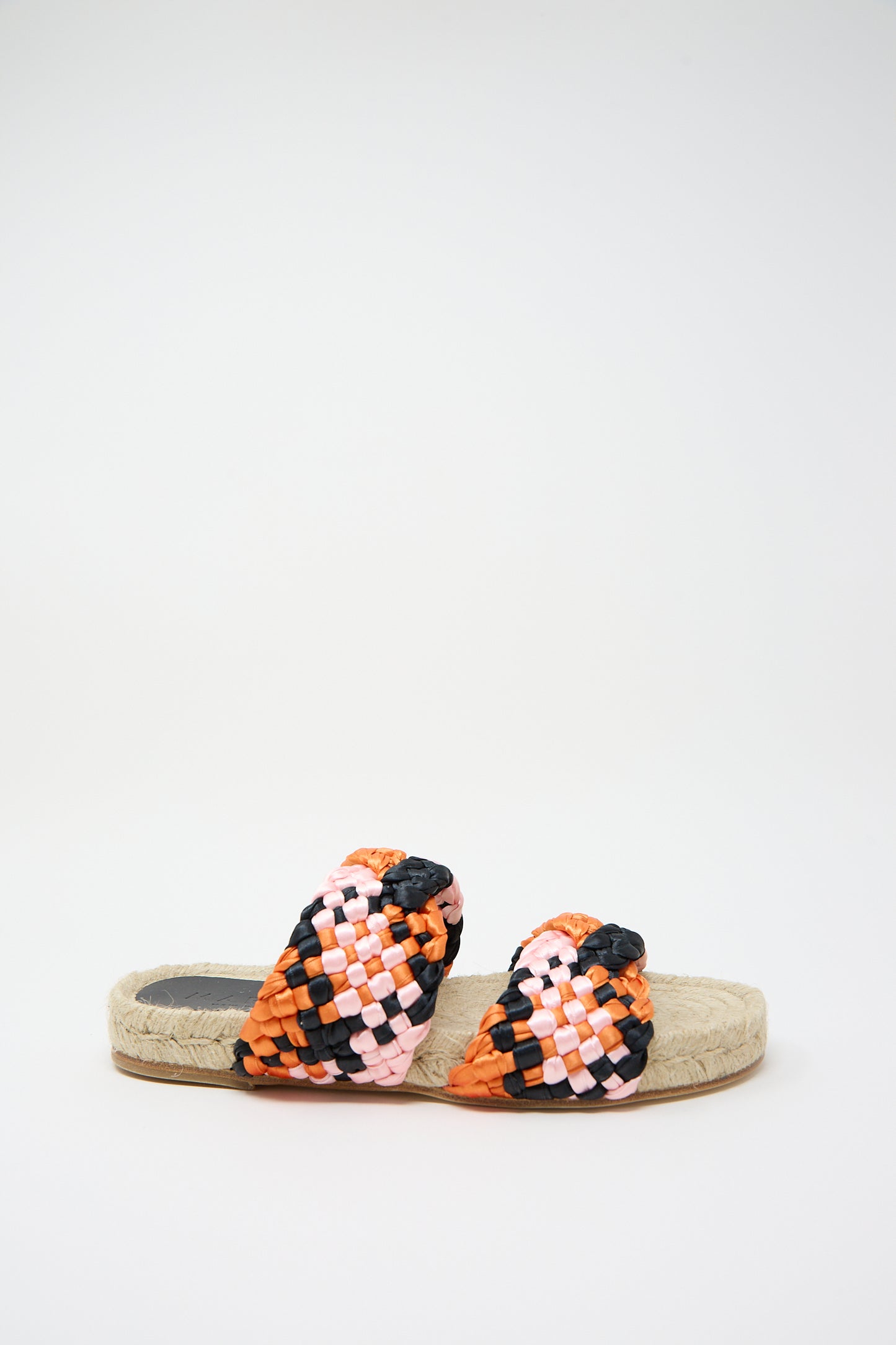 A pair of colorful Marea handmade Braided Satin Espadrille sandals on a white background.