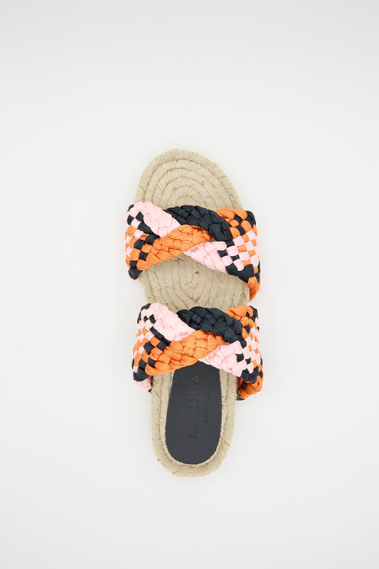 A pair of Marea handmade Braided Satin Espadrille sandals with braided rope soles and multicolored woven straps in Orange, Pink and Black, displayed against a white background.