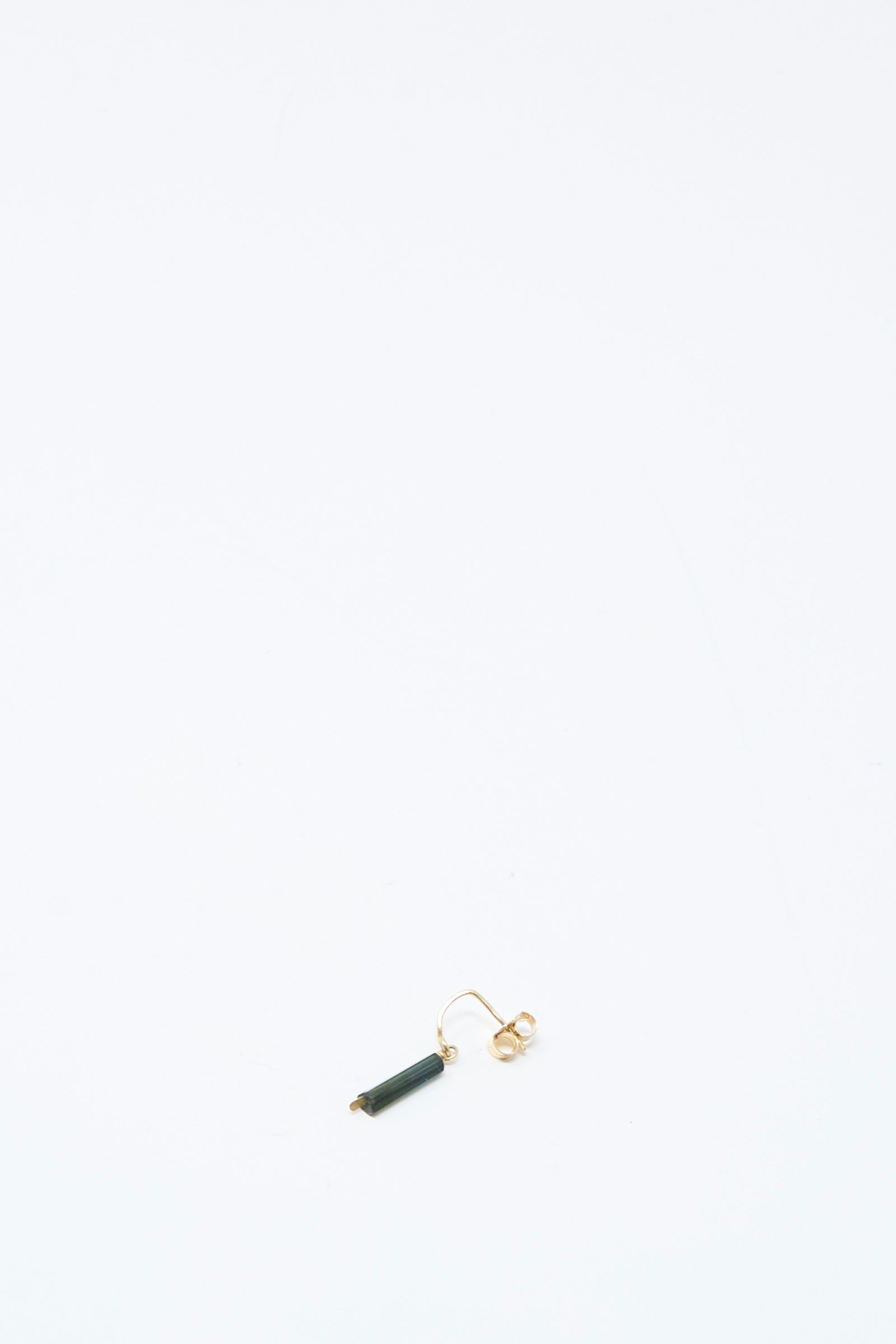 The Mary MacGill 14K Crescent Charm Single Earring features a dark tourmaline tube pendant and is shown alone on a plain white background.