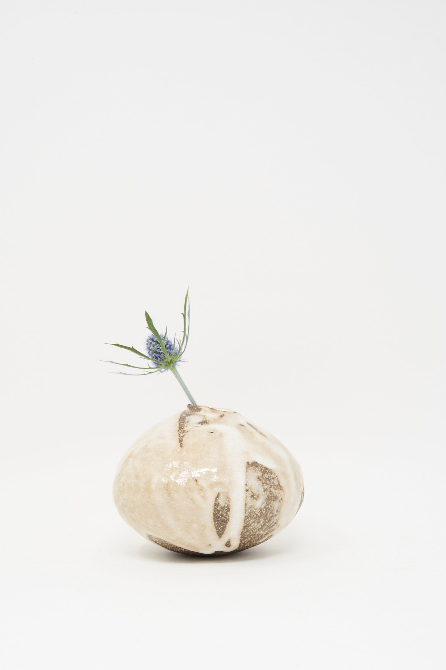 The MONDAYS Glazed Stoneware Mini Moon Bud Vase, cream-colored and round, displays a single green-stemmed purple flower against a white background—a charming example of handmade craftsmanship.