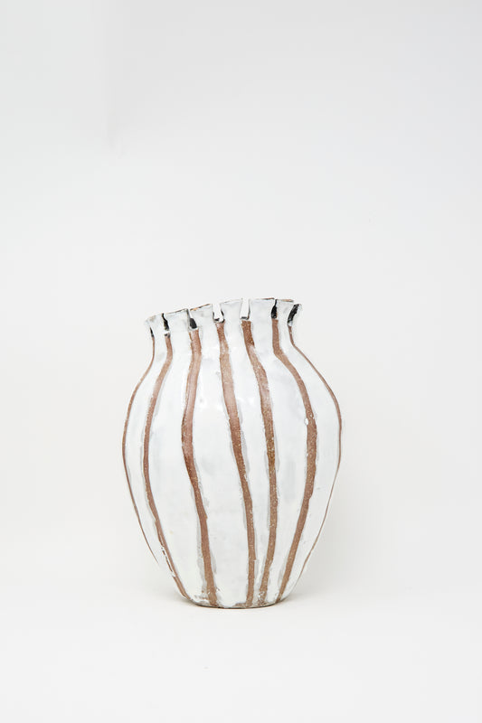 The MONDAYS Coil-built Glazed Stoneware Striped Vase has a wavy rim and vertical brown-and-white stripes, displayed against a plain white background.
