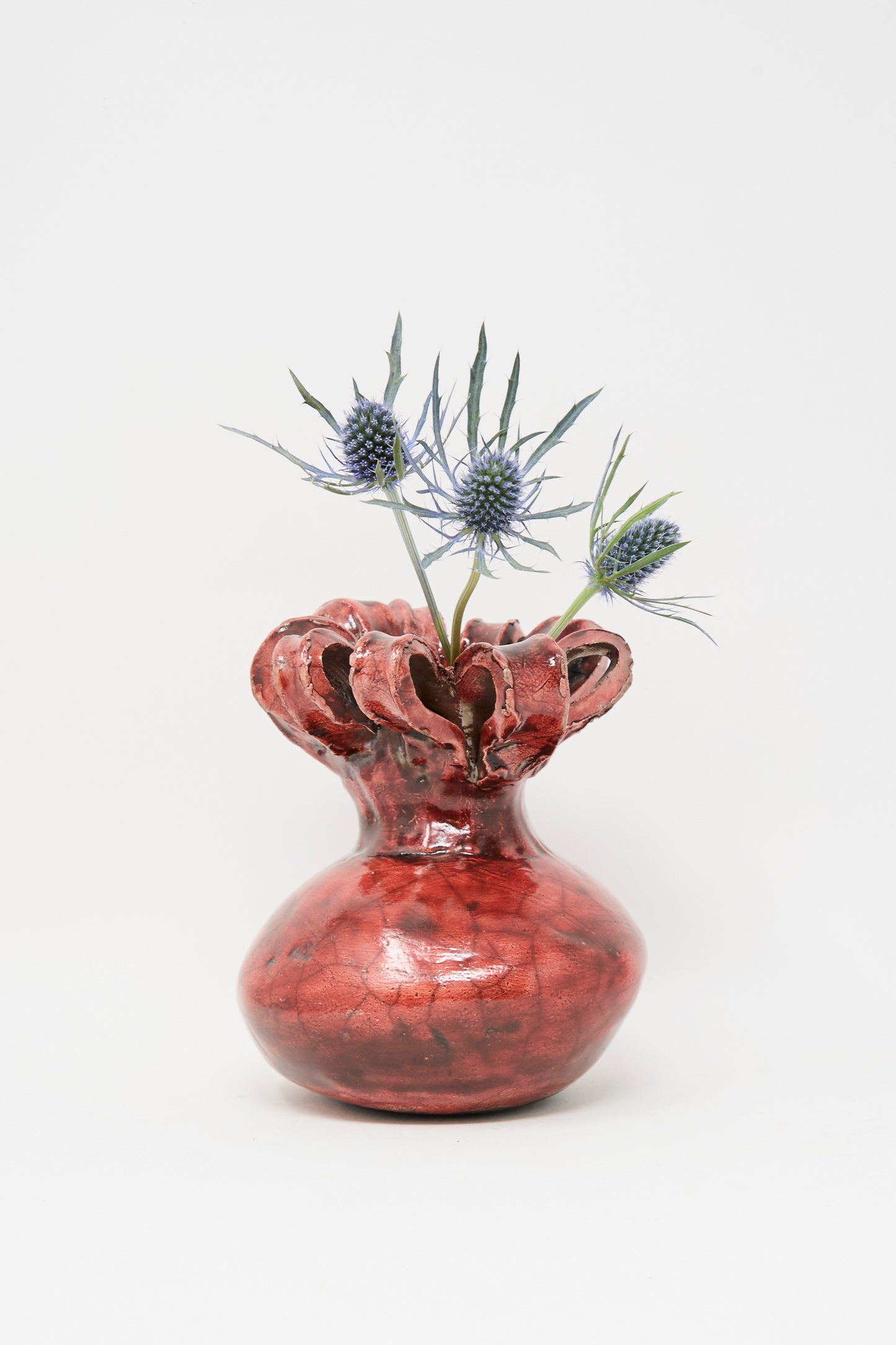The MONDAYS Raku Ribbon Vase in Red, featuring a glossy finish and irregular ruffled rim, holds two spiky blue thistle blooms against a plain white background.