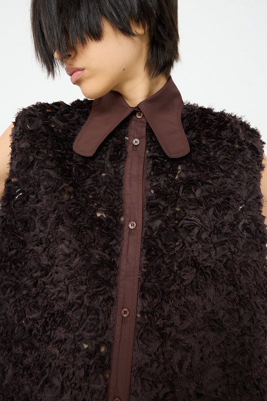 A woman wearing Niccolò Pasqualetti's Embroidered Tulle Beagle Shirt Dress in Dark Brown.