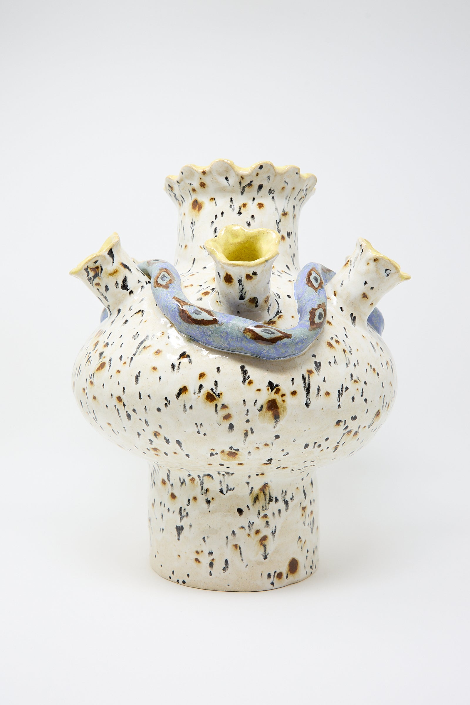 Handmade ceramic Snake Tulipiere with speckled design featuring multiple spouts topped by small bird figurines, set against a plain white background by Pearce Williams.
