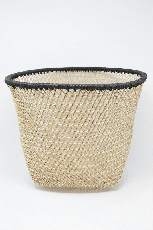 Plaza Bolivar's Niga Open Weave Basket in Black, featuring black trim on a white background, from Colombia.