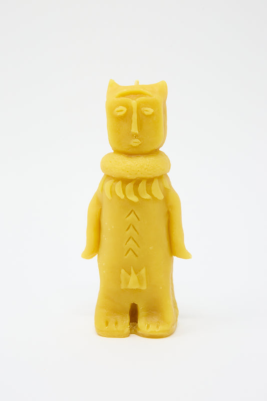 A Forest Goddess candle shaped like a stylized cat standing upright with detailed facial features and decorative patterns on its body, this hand-formed candle is crafted in Kyoto, Japan by Rinn to Hitsuji.