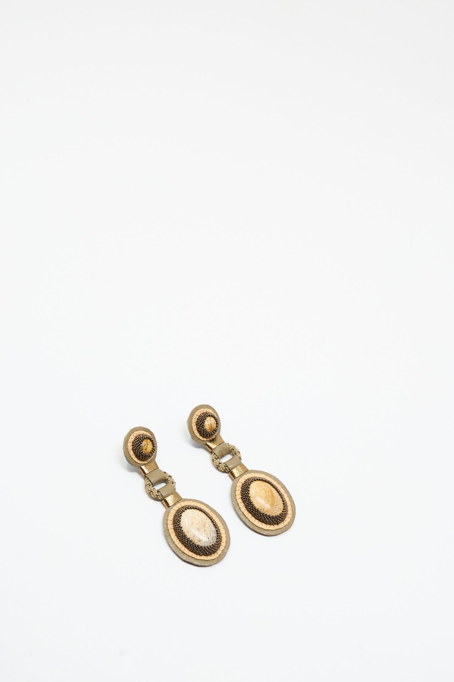 Double Stone Earrings in Picture Jasper by Robin Mollicone, featuring gold-toned, oval-shaped drops with black accents, shown on a plain white background.
