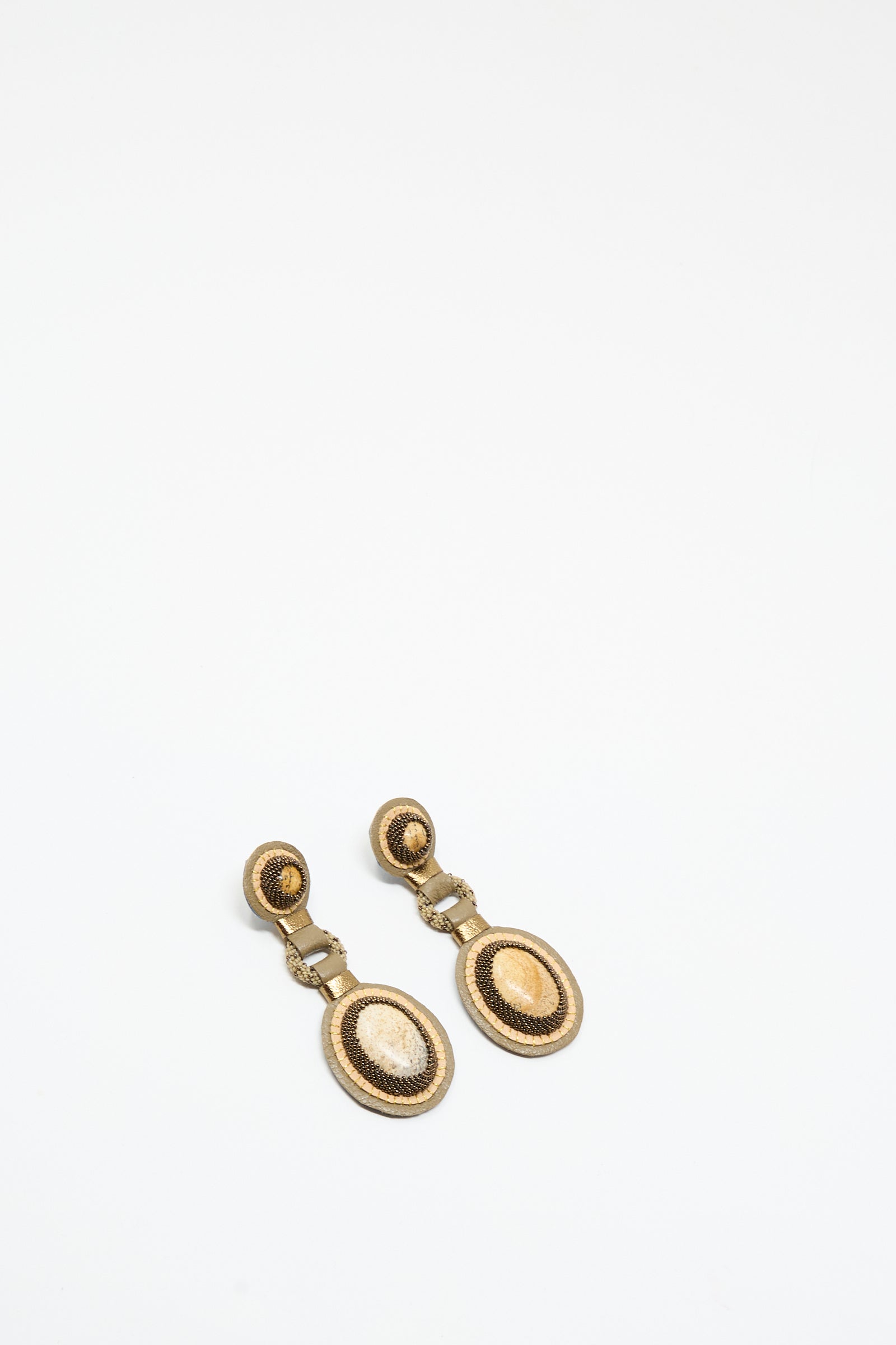 Double Stone Earrings in Picture Jasper by Robin Mollicone, featuring gold-toned, oval-shaped drops with black accents, shown on a plain white background.