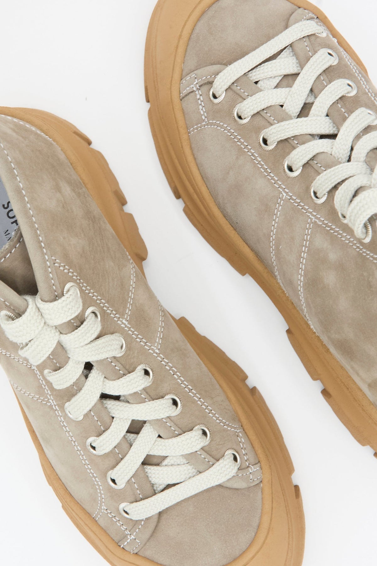Sofie D’Hoore Fairway Sneaker in Argilla and Camel: a pair of light brown nubuck platform sneakers with white laces and thick, notched rubber soles.