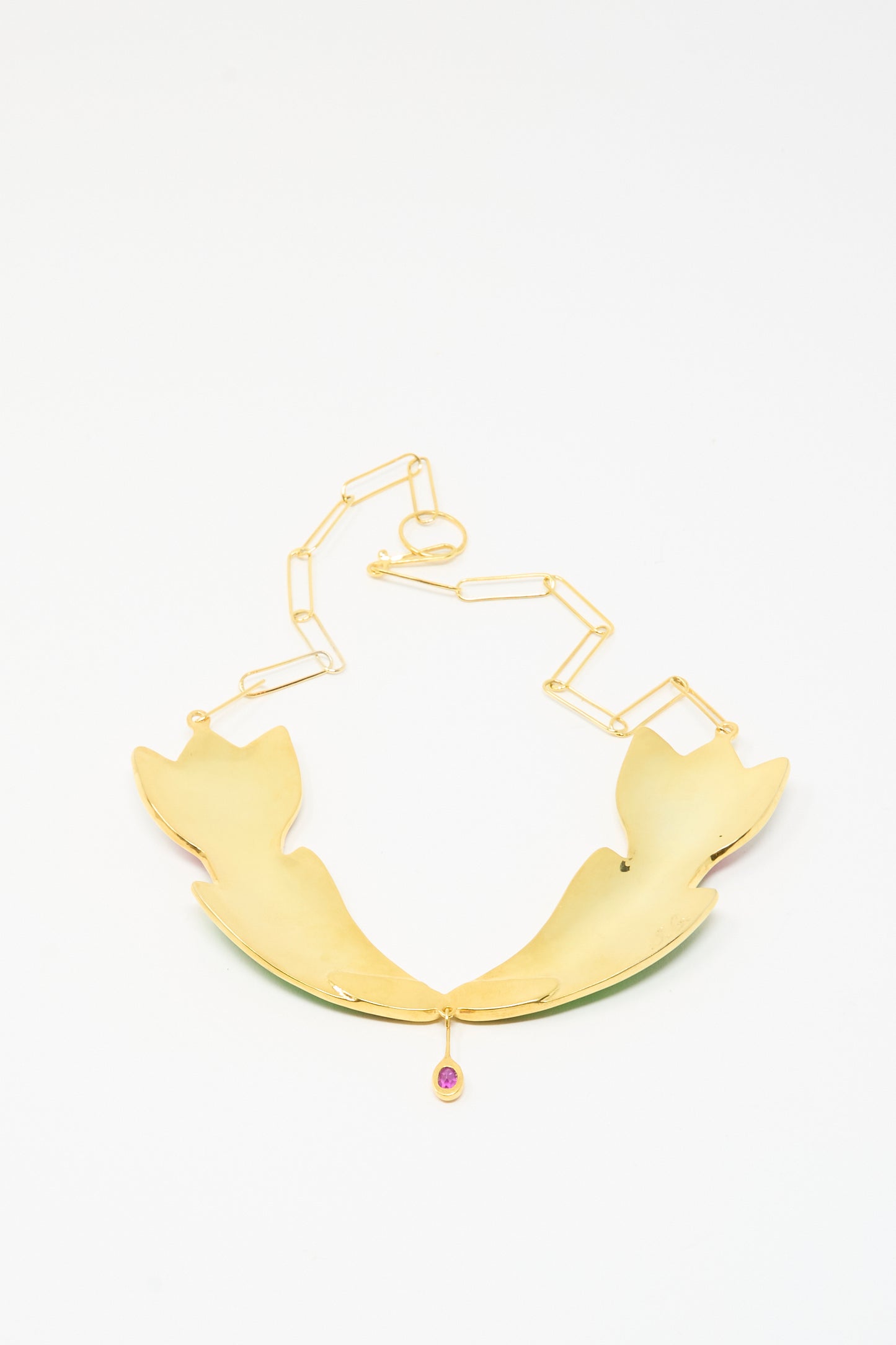 The Sofio Gongli Flower Necklace features a 14k gold plated chain with abstract leaf and geometric links, plus a small pink teardrop pendant. Shown on a white background.