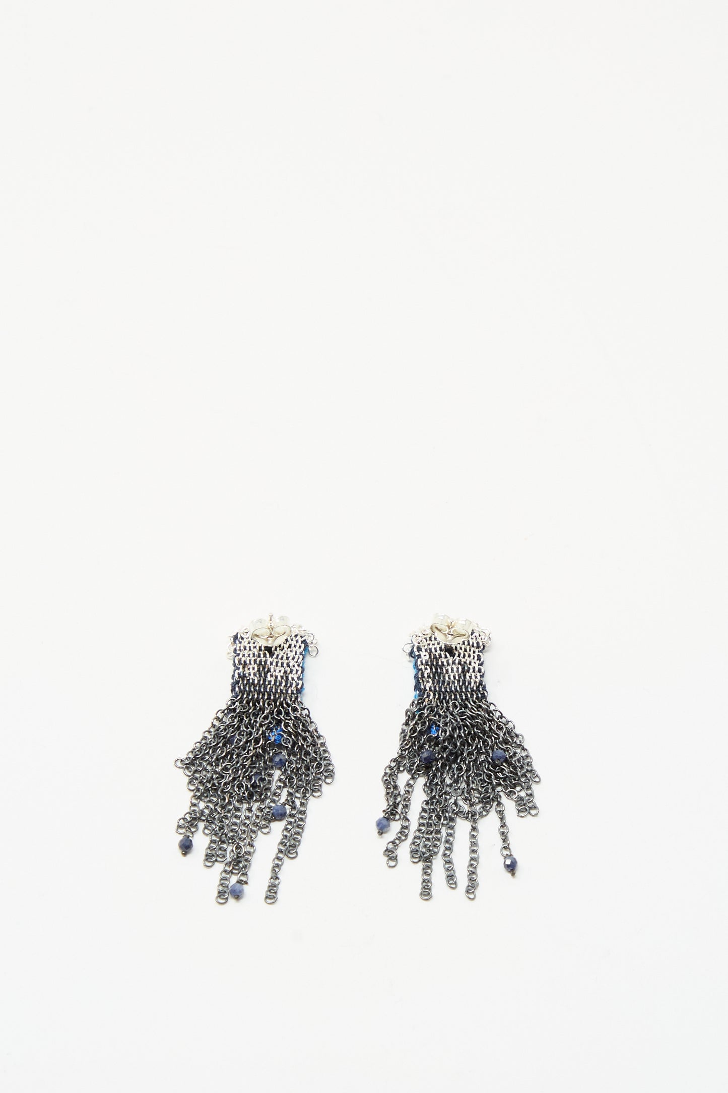 Stephanie Schneider Sterling Silver and Silk Earrings in Blue with Sapphires, featuring black accents and small blue beads, displayed on a white background.